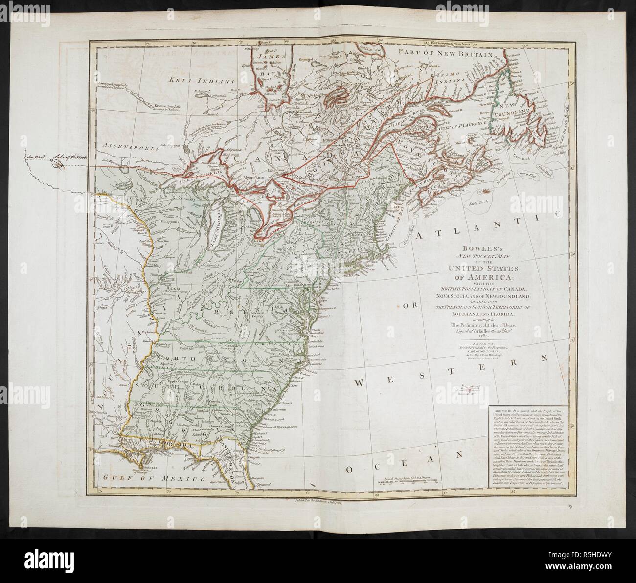 North America: Bowles' engraved map of the United States 1783, with a continuation of the boundary line in MS.   . PLANS of military operations, in North America, etc. 1716-1783. Source: Add. 15535. Stock Photo