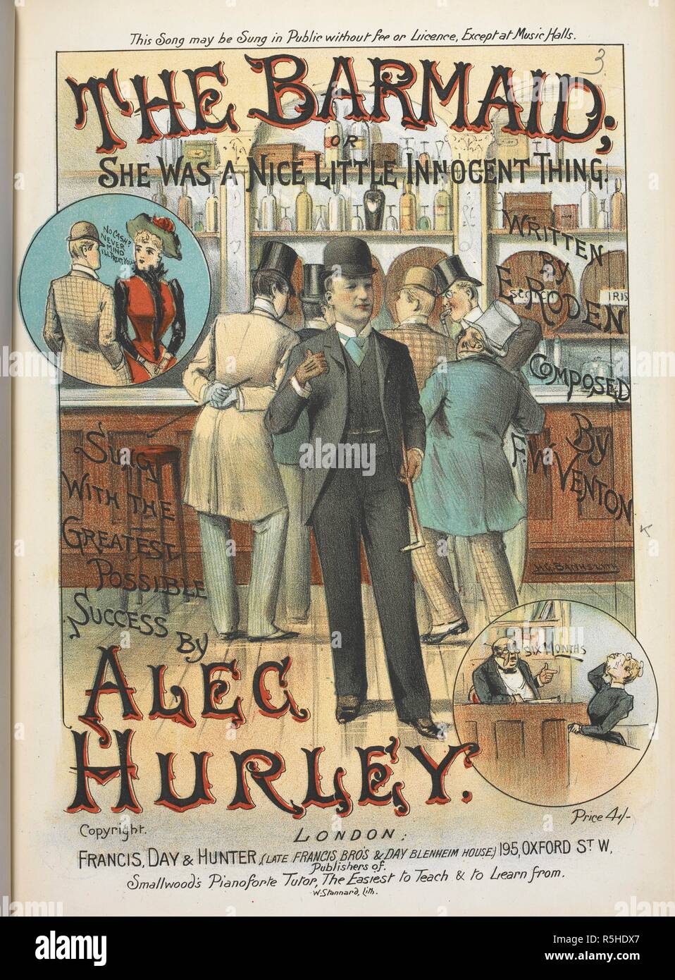 The Barmaid. She was a sweet little innocent thing.  A music cover.  . The Barmaid ... <Song.> Written by E. Roden, etc. London : Francis, Day & Hunter, [1891]. Source: H.3981.mm.3. Author: Venton, Fred W. Stock Photo