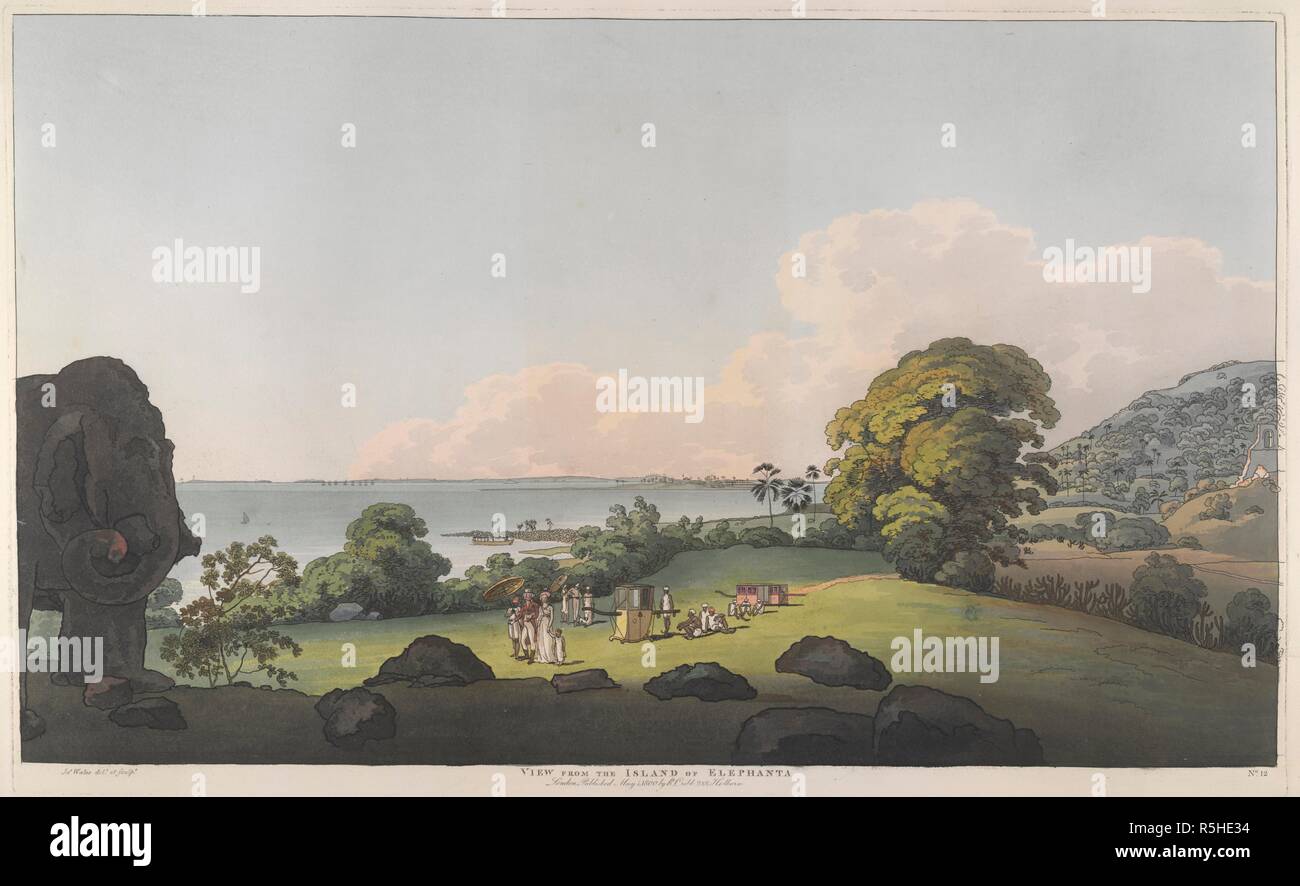 View from the island of Elephanta. Taken from the island's landing-place, looking towards Bombay Harbour in the far distance beyond Butchers Island and Cross Island. Local versions of the sedan and palanquin are depicted in the foreground. Bombay Views: Twelve Views Of The Island Of Bombay And Its Vicinity Taken In The Years 1791 And 1792. London, R. Cribb, 1804. Source: X 436, plate 12. Language: English. Author: JAMES WALES. Stock Photo