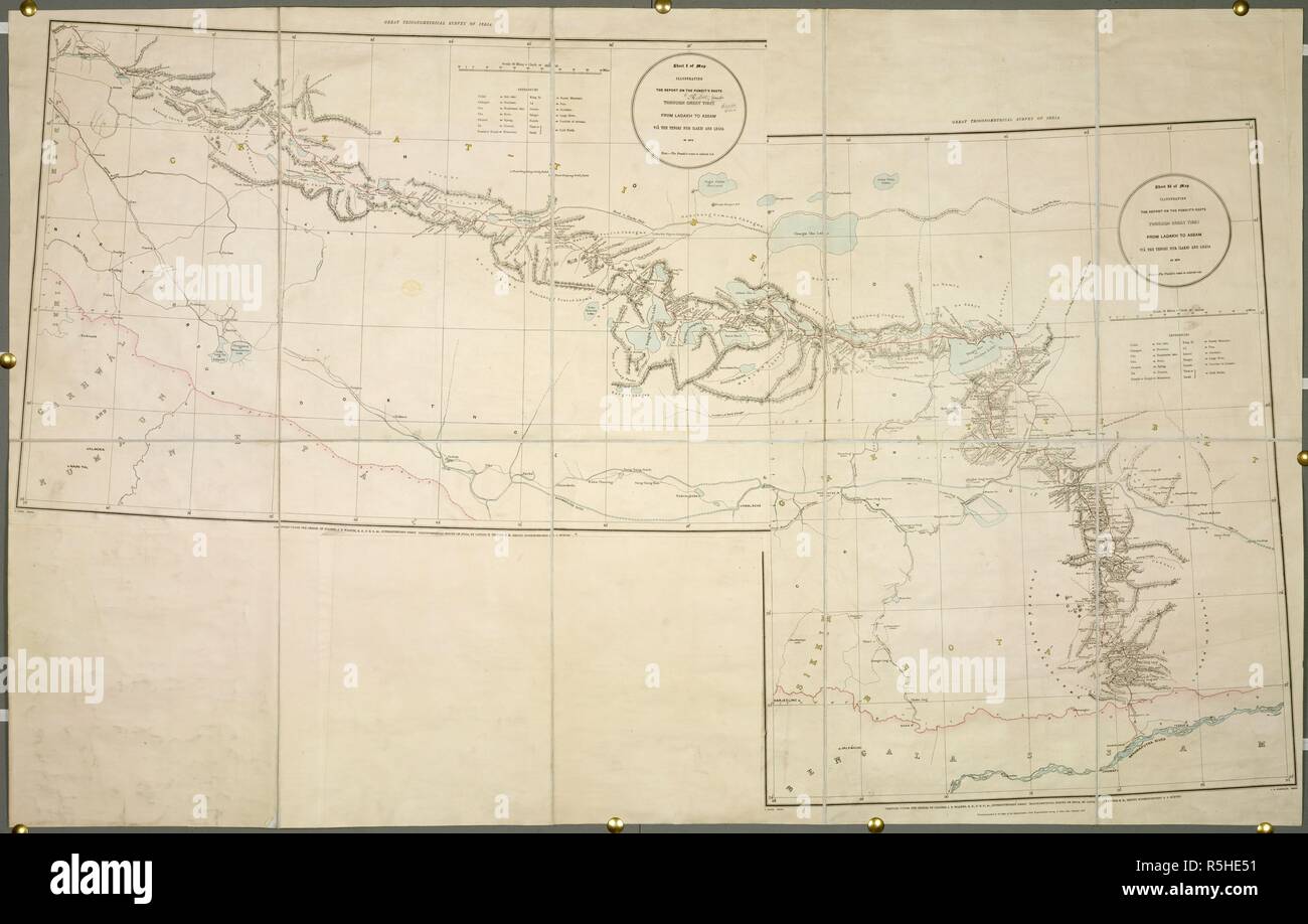 The Pundit's Route. Map illustrating the Report on the Pundit's Route. Dehra DÃºn, 1875. Map illustrating the Report on the Pundit's Route through Great Thibet from Ladakh to Assam in 1874.  Image taken from Map illustrating the Report on the Pundit's Route through Great Thibet from Ladakh to Assam in 1874. (Great Trigonometrical Survey of India.) Scale, 16 miles = 1 inch.  Originally published/produced in Dehra DÃºn, 1875. . Source: Maps.60750.(2),. Language: English. Stock Photo