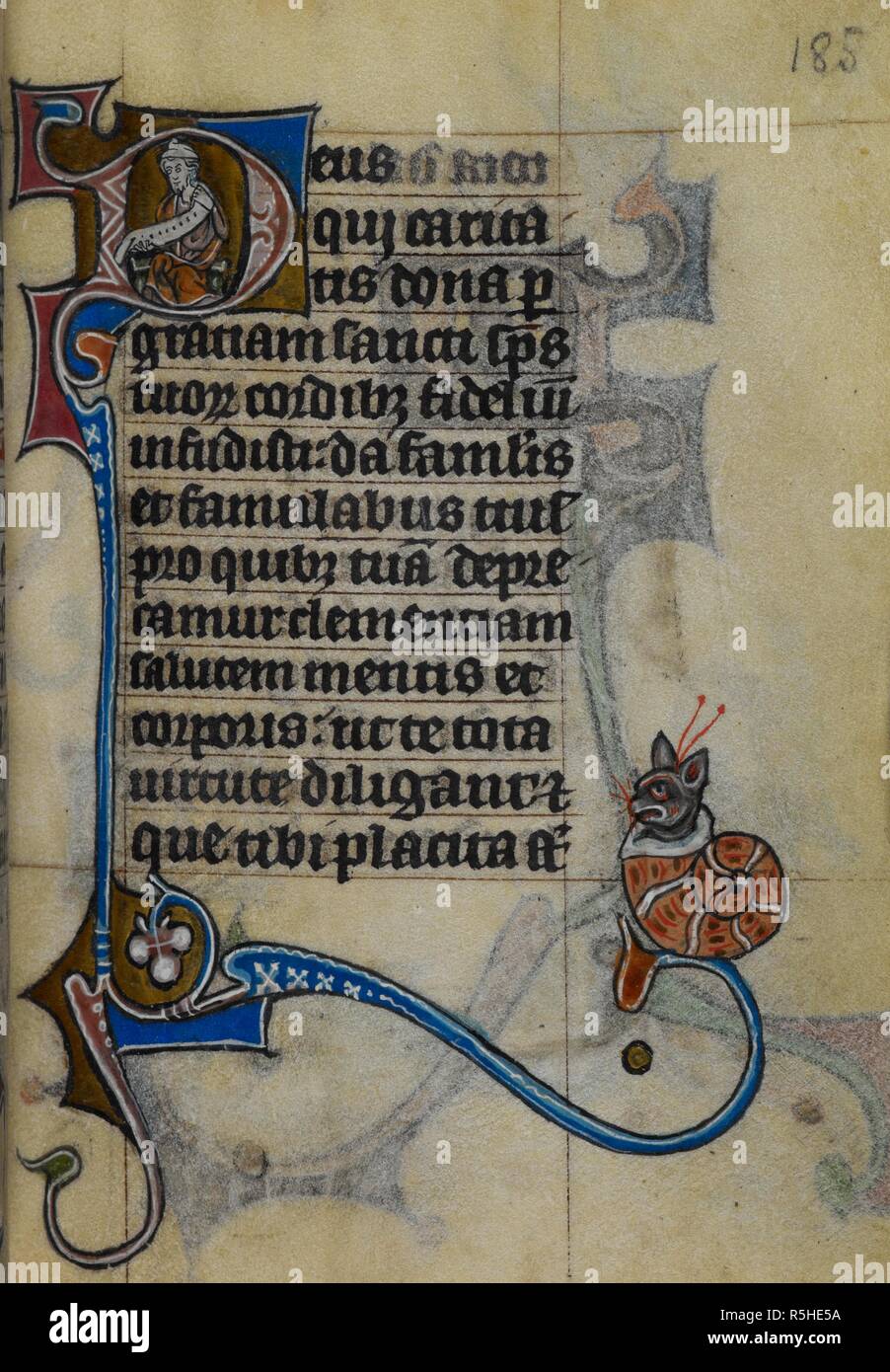 Text. Marginal drawing of a grotesque; a snail with a cat's head. Book of Hours. S. Netherlands (LiÃ¨ge); 1310-1320. Source: Stowe 17, f.185. Language: Latin. Stock Photo