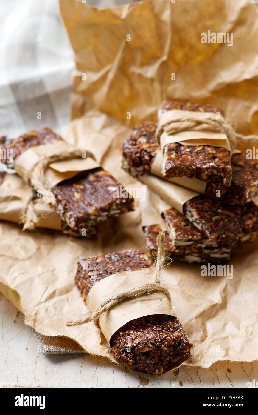 No-Cook Choco Oat Bars.style rustic. selective focus. Stock Photo