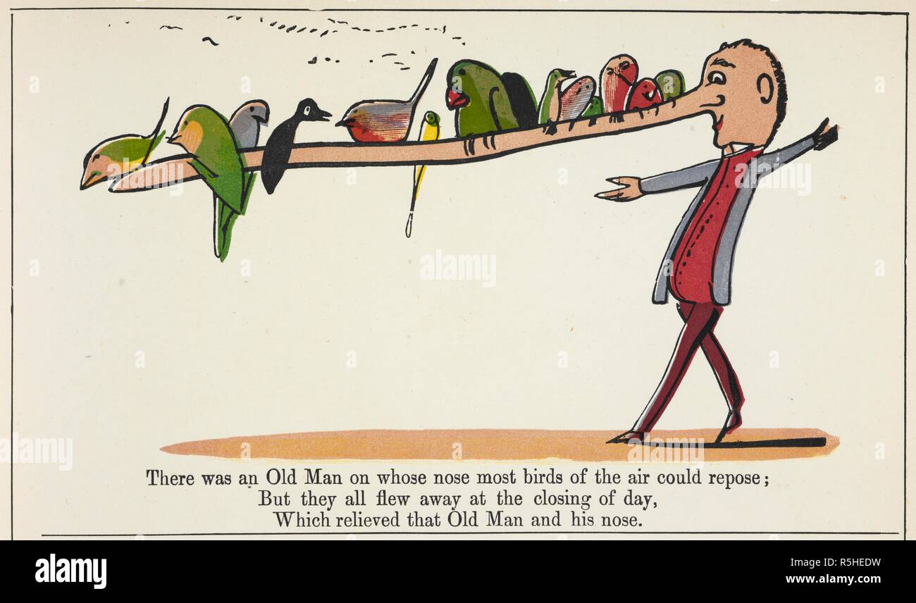 A humorous poem about a man with a long nose, which birds use as a perch. A Book of Nonsense. [With illustrations.]. London : Frederick Warne & Co., [1885?]. Source: 12332.dd.21. Author: LEAR, EDWARD. Stock Photo