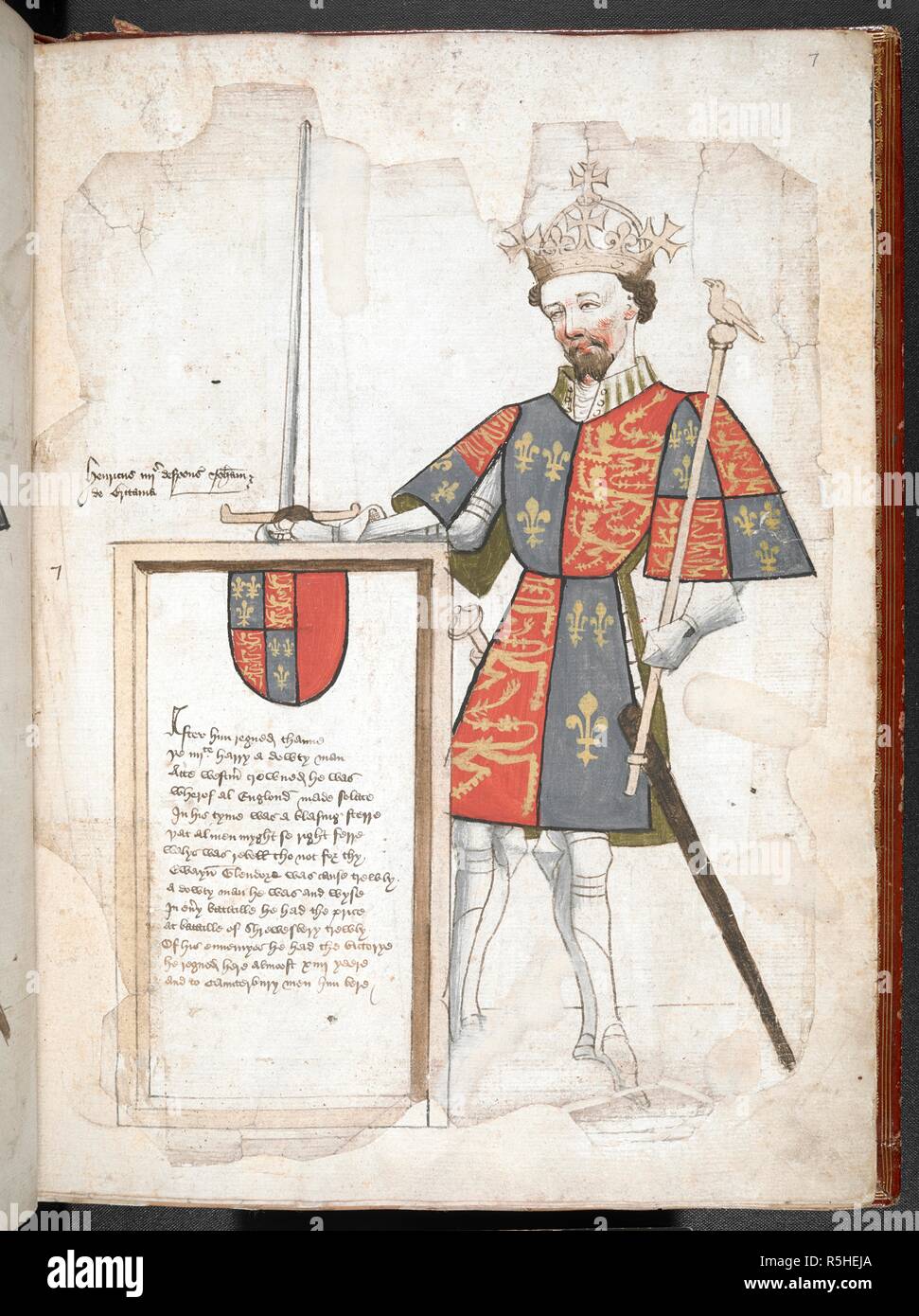 Coloured drawing of an English king in armour and tabard (Henry IV), presenting a plaque with verses. Sir Thomas Holme's Book of Arms: anonymous verses on the kings of England ... (Part 1 folios 1 to 8). England, S. E. (probably London); c. 1445-c. 1450. Numerous coloured drawings of English kings in armour and tabard, presenting a plaque with verses. Source: Harley 4205 f.7. Language: English. Gothic cursive. Stock Photo