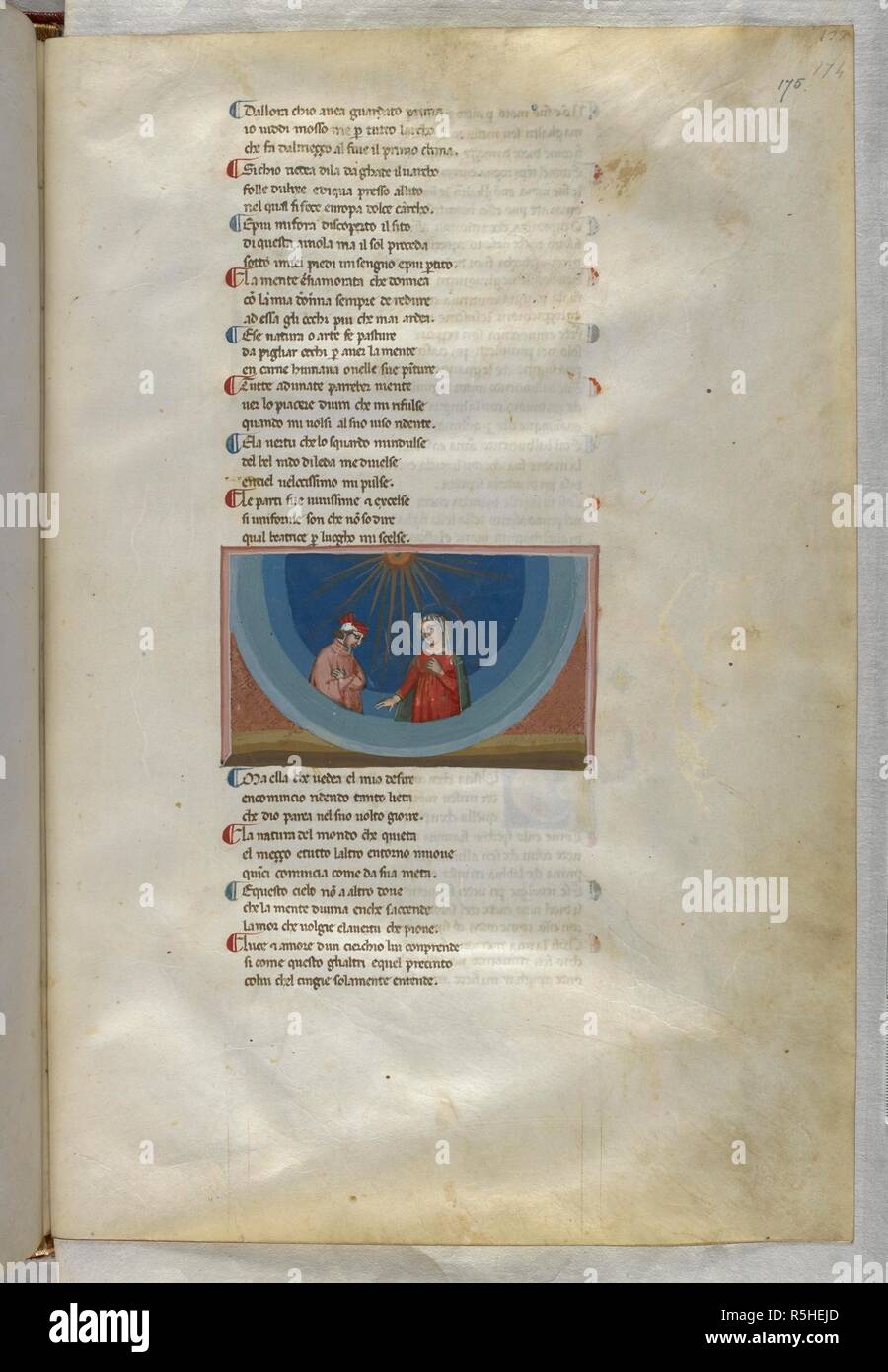 Paradiso : Dante listens to Beatrice's discourse. Dante Alighieri, Divina Commedia ( The Divine Comedy ), with a commentary in Latin. 1st half of the 14th century. Source: Egerton 943, f.175. Language: Italian, Latin. Stock Photo