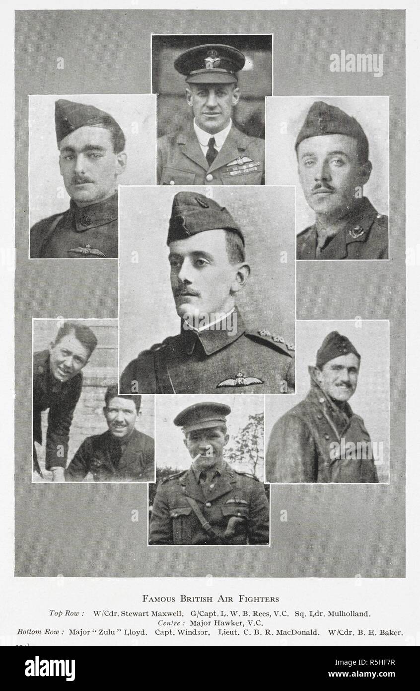 Famous British air fighters'. Top row: W/Cdr. Stewart Maxwell. G/Capt. L.W.B. Rees, V.C. Sq.Ldr. Mulholland. Centre: Major Hawker, V.C. Bottom row: Major 'Zulu' Lloyd. Capt. Windsor. Lieut. C.B.R. MacDonald. W/Cdr. B.E. Baker. King of Air Fighters. Biography of Major â€œMickâ€ Mannock, V.C., D.S.O., M.C. [With plates, including portraits.]. London : I. Nicholson & Watson, 1934. Source: 09081.bb.34 plate opposite page 114. Author: Jones, James Ira Thomas. Stock Photo