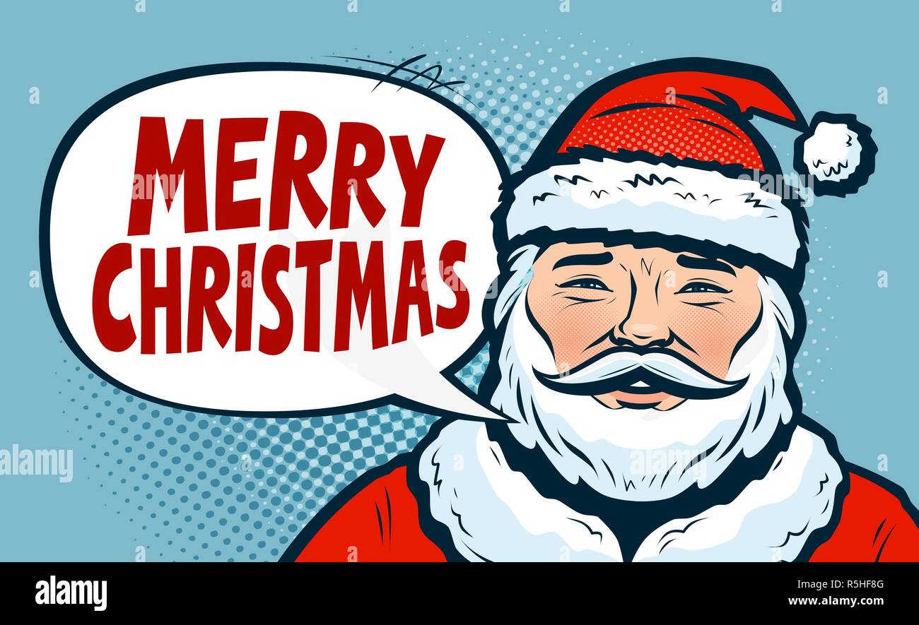 Merry Christmas, banner. Happy Santa Claus. Pop art retro comic style. Cartoon vector illustration Stock Vector