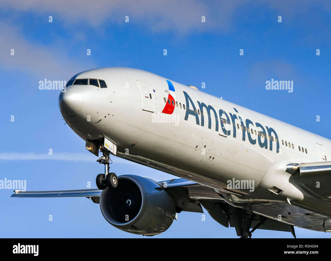 LONDON, ENGLAND - NOVEMBER 2018: American Airlines Boeing 777 long haul airliner landing at London Heathrow Airport. Stock Photo