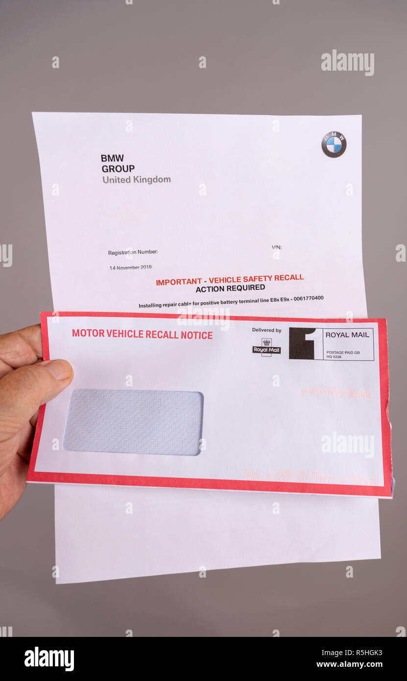 Official notification letter and envelope for BMW car vehicle safety