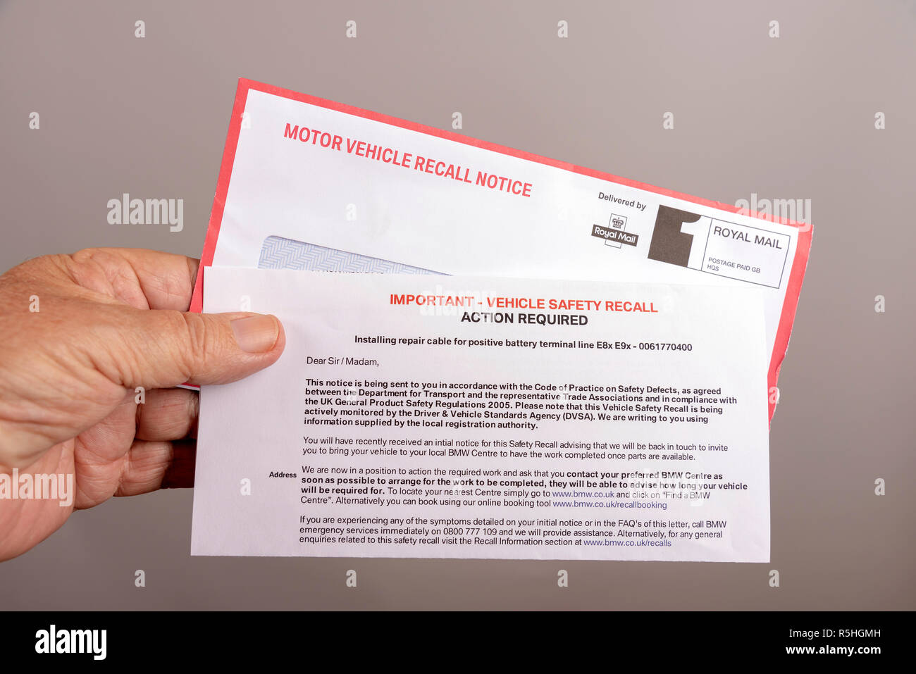 Official notification letter and envelope for a UK car safety recall Stock Photo