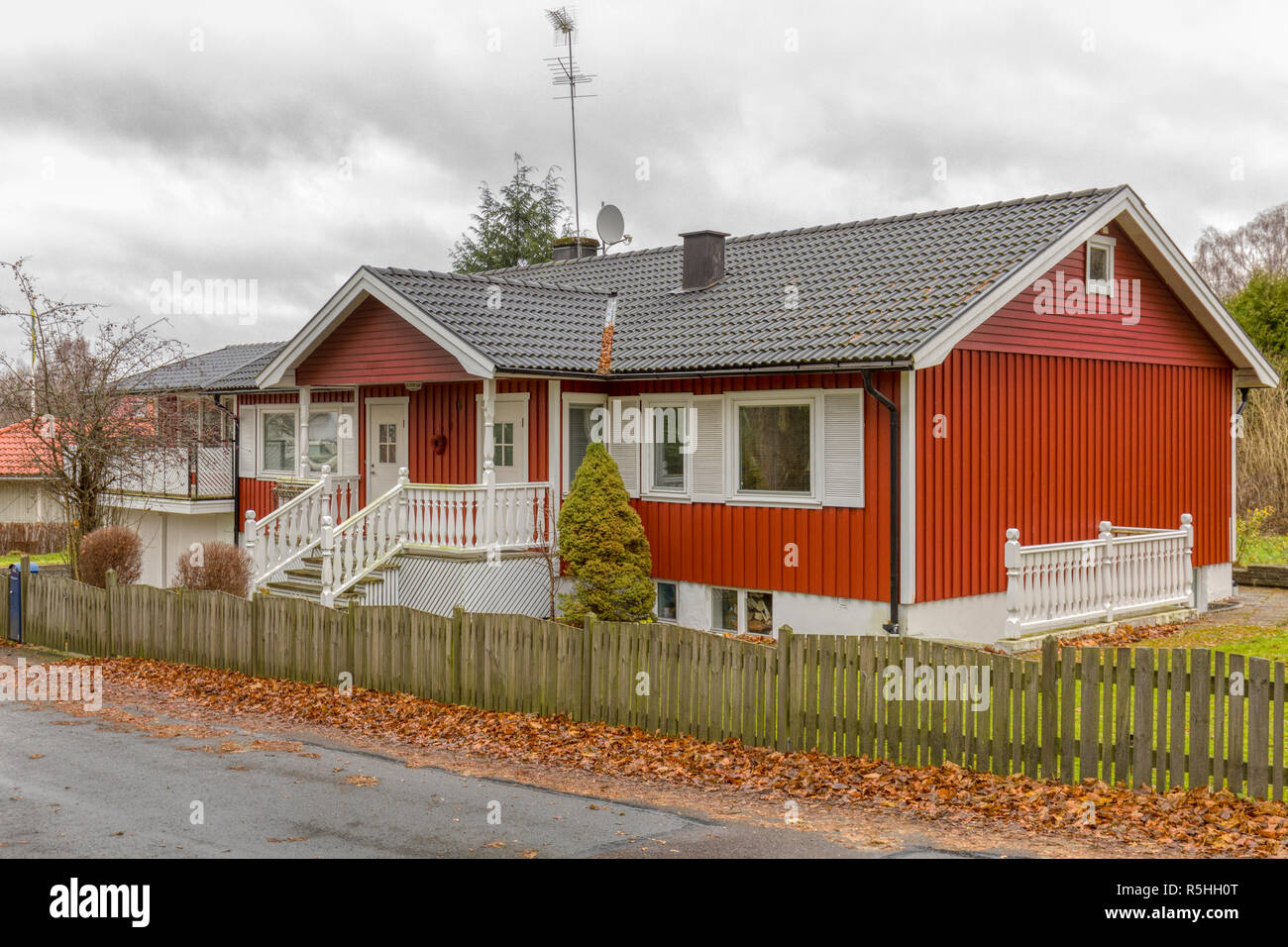 FLODA, SWEDEN - NOVEMBER 21 2018: Typical Swedish red painted wood detached house Stock Photo