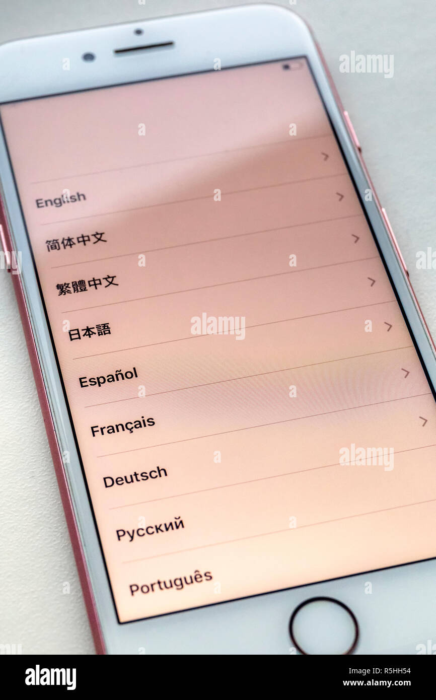 FLODA, SWEDEN - NOVEMBER 27 2018: Apple iPhone 7 language selection screen options Stock Photo