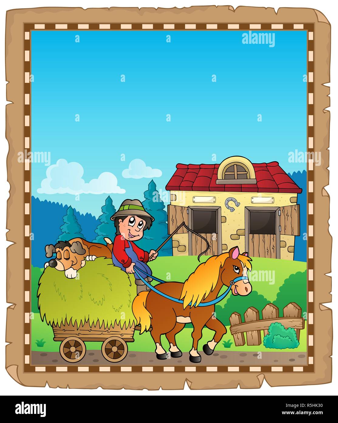 Parchment with farmer riding cart Stock Photo - Alamy