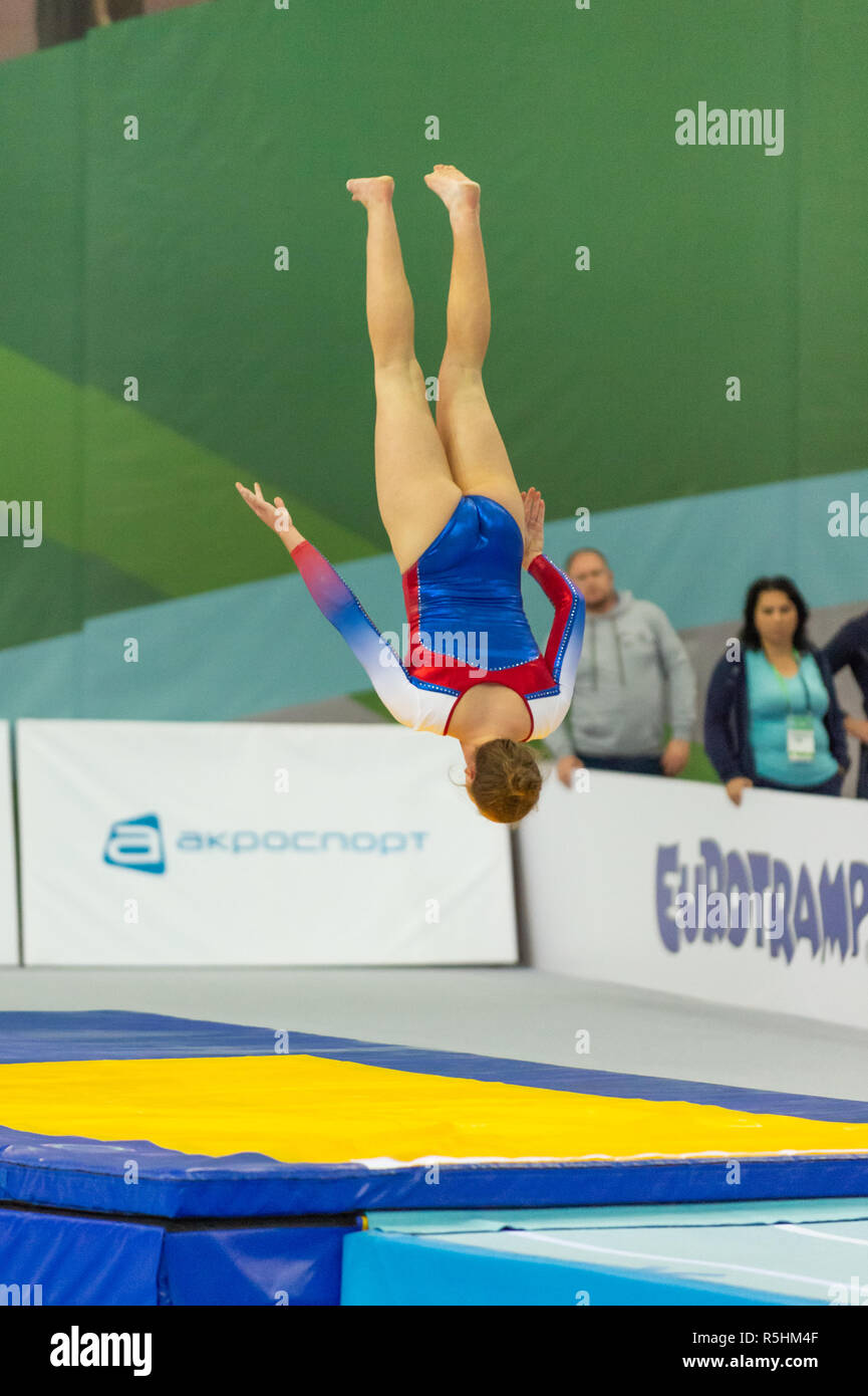 St. Petersburg, Russia. November 2018. A Team GB gymnast competing during the World Age Group Competition 2018. Stock Photo