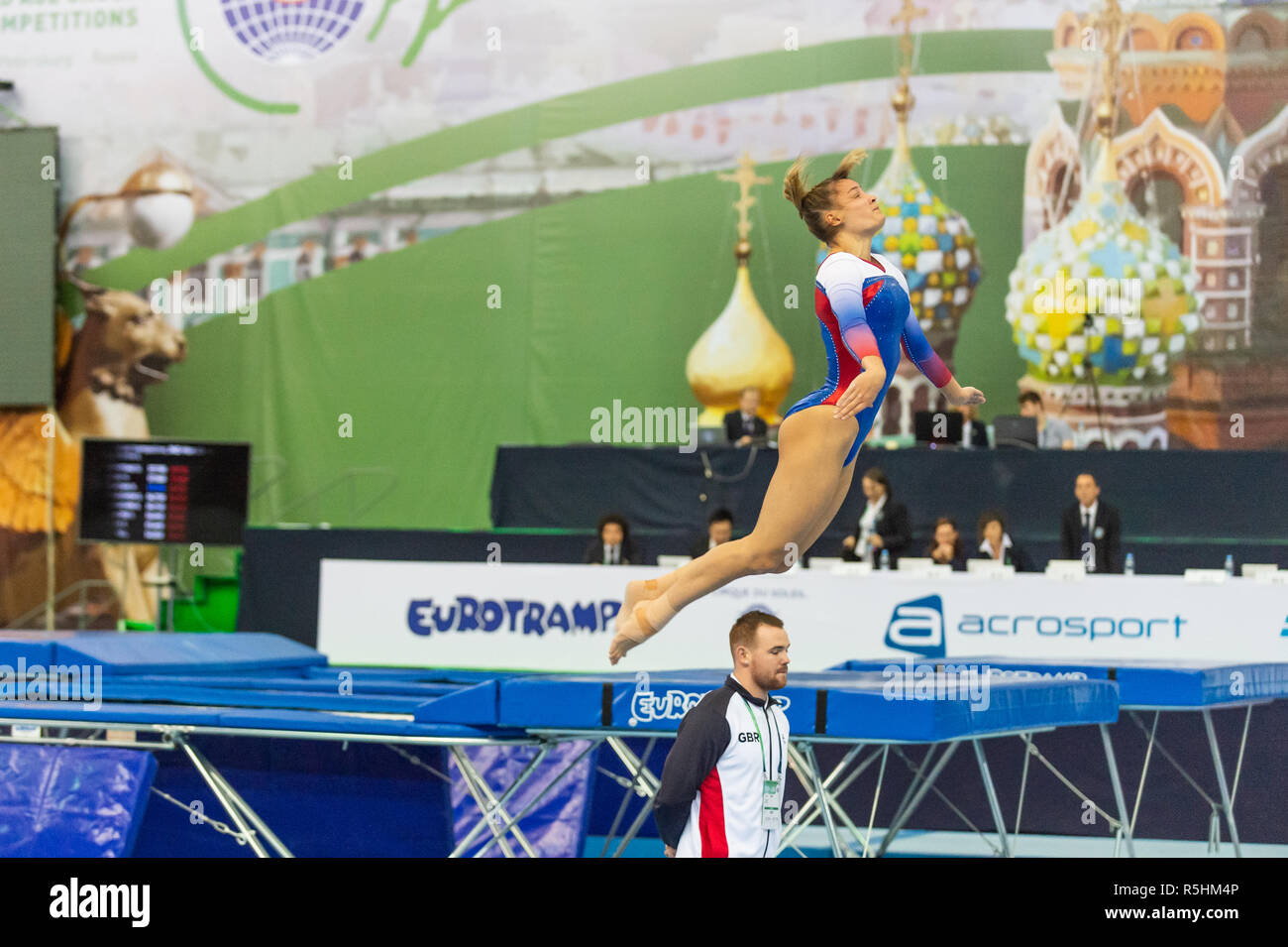 St. Petersburg, Russia. November 2018. A Team GB gymnast competing during the World Age Group Competition 2018. Stock Photo