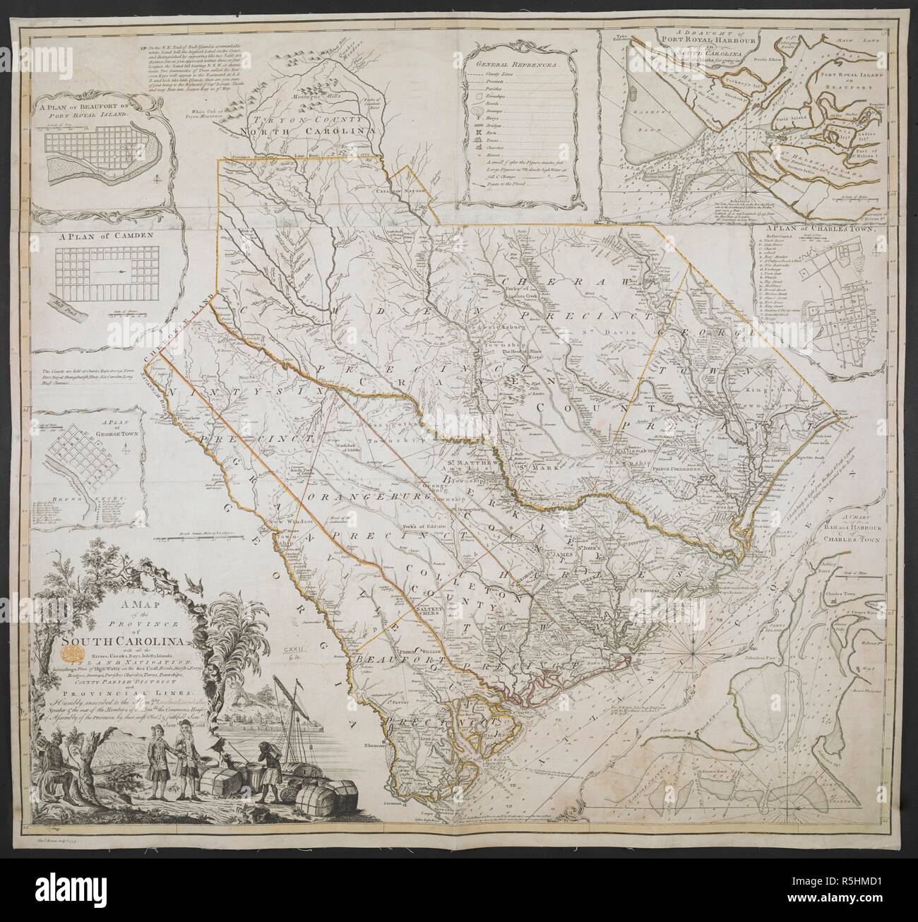 A Map of the Province of South Carolina. A MAP of the PROVINCE of SOUTH CAROLINA with all the Rivers, Creeks, Bays, Inletts, Islands, INLAND NAVIGATION, Soundings, Time of High Water on the Sea Coast, Roads, Marshes, Ferrys, Bridges, Swamps, Parishes Churches, Towns, Townships; COUNTY PARISH DISTRICT and PROVINCIAL LINES. [London] : Tho.s Bowen Sculp.t, 1773. Joined and laid on linen, copperplate engraving, original hand colour in outline. Source: Maps K.Top.122.64. Language: English. Author: COOK, JAMES. Stock Photo