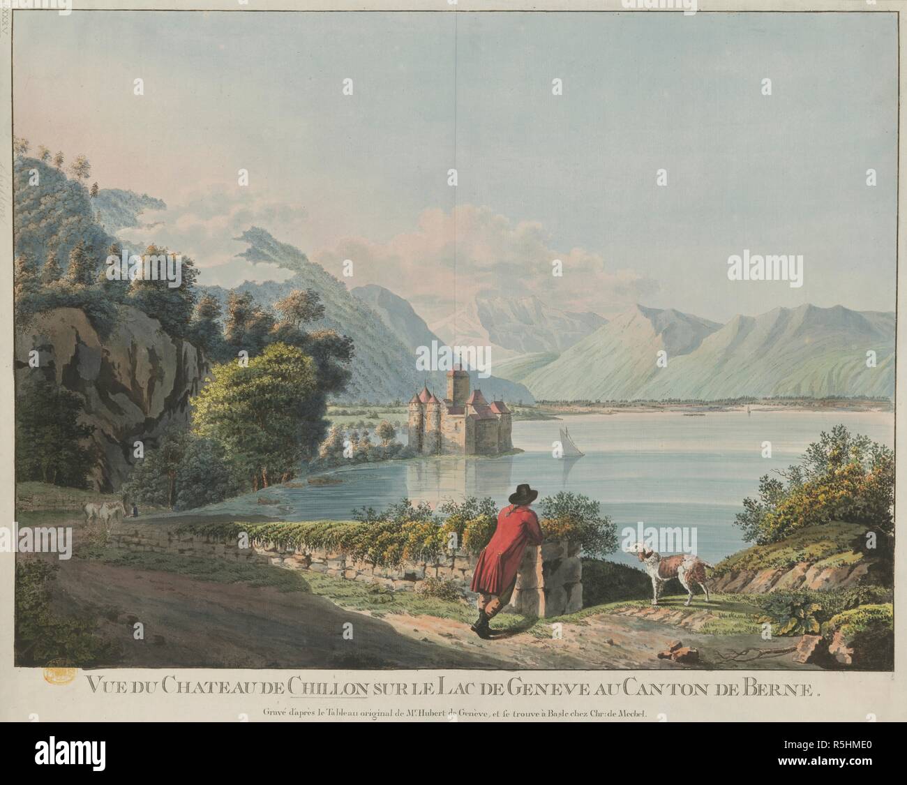 A man in a knee-length coat and hat leans on a stone fence contemplating the view from a country road by the Lake of Geneva in the foreground, with ChÃ¢teau de Chillon beyond and Alps in the background. VUE DU CHATEAU DE CHILLON SUR LE LAC DE GENEVE AU CANTON DE BERNE. [Basel] : [Christian von Mechel], [about 1775]. Hand-coloured etching. Source: Maps K.Top.85.61.a. Language: French. Author: ROBERT, HUBERT. Stock Photo