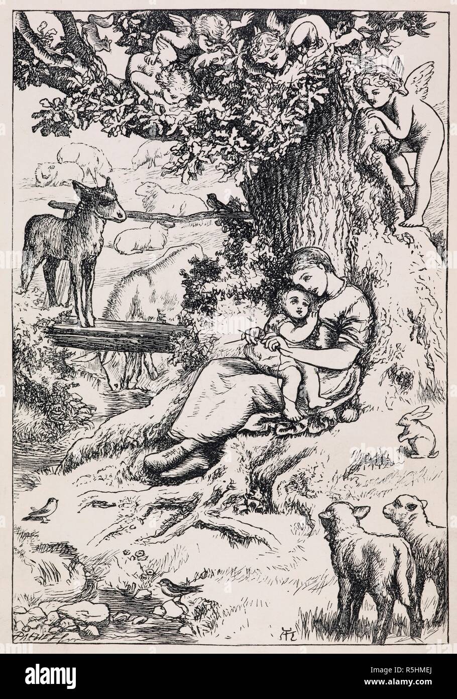 Illustration of woman holding child, under tree, beside stream, with animals  gathered around and cherubs watching from tree. Sing-Song. A nursery rhyme  book. With illustrations by A. Hughes, etc. London, 1872. Source: