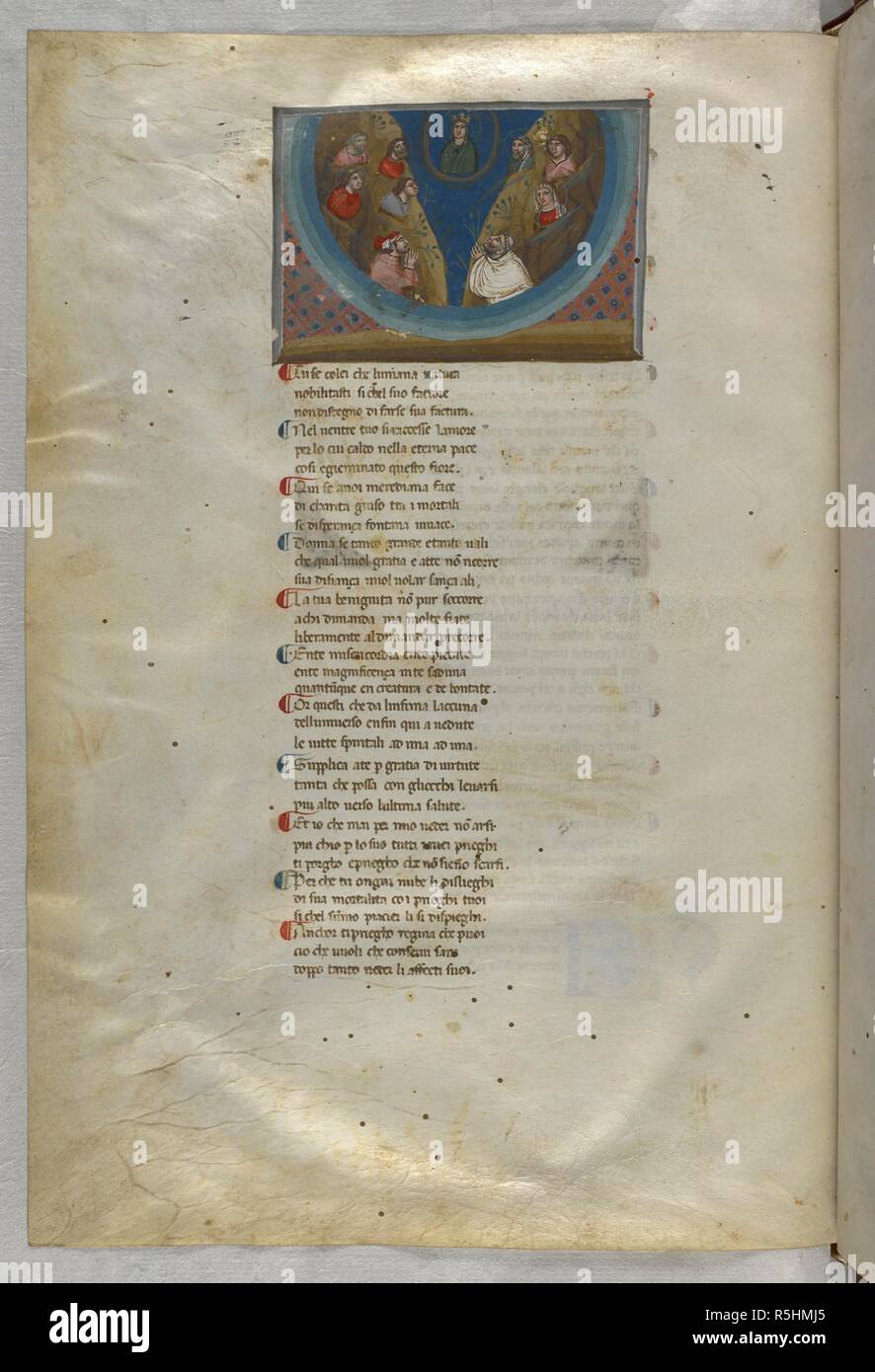 Paradiso: Dante and Bernard pray to Mary. Dante Alighieri, Divina Commedia ( The Divine Comedy ), with a commentary in Latin. 1st half of the 14th century. Source: Egerton 943, f.184v. Language: Italian, Latin. Stock Photo