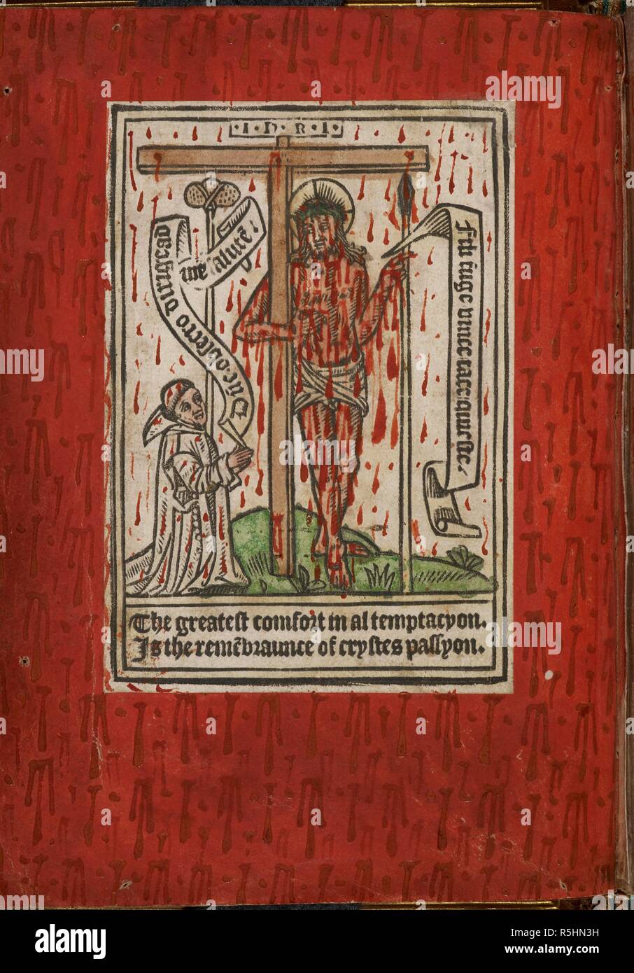 A coloured print with Christ as Man of Sorrows being adored by a Carthsian, pasted to a page painted in red covered with streaming blood. A Carthusian kneels before a bloody Christ, who stands beside his cross. They converse by means of scrolls with texts in Latin. The Carthusian petitions Christ: â€˜O Lord I beseech, send me salvationâ€™ (Domine obsecro dirige ad me salutem). He replies: â€˜Son, shun (temptation, understood), subdue (it), say nothing, keep quiet (Fili fuge, vince, tace, quiesce). The formulation is found in Abelardâ€™s Epistle VII on the foundation of a womenâ€™s convent, and Stock Photo