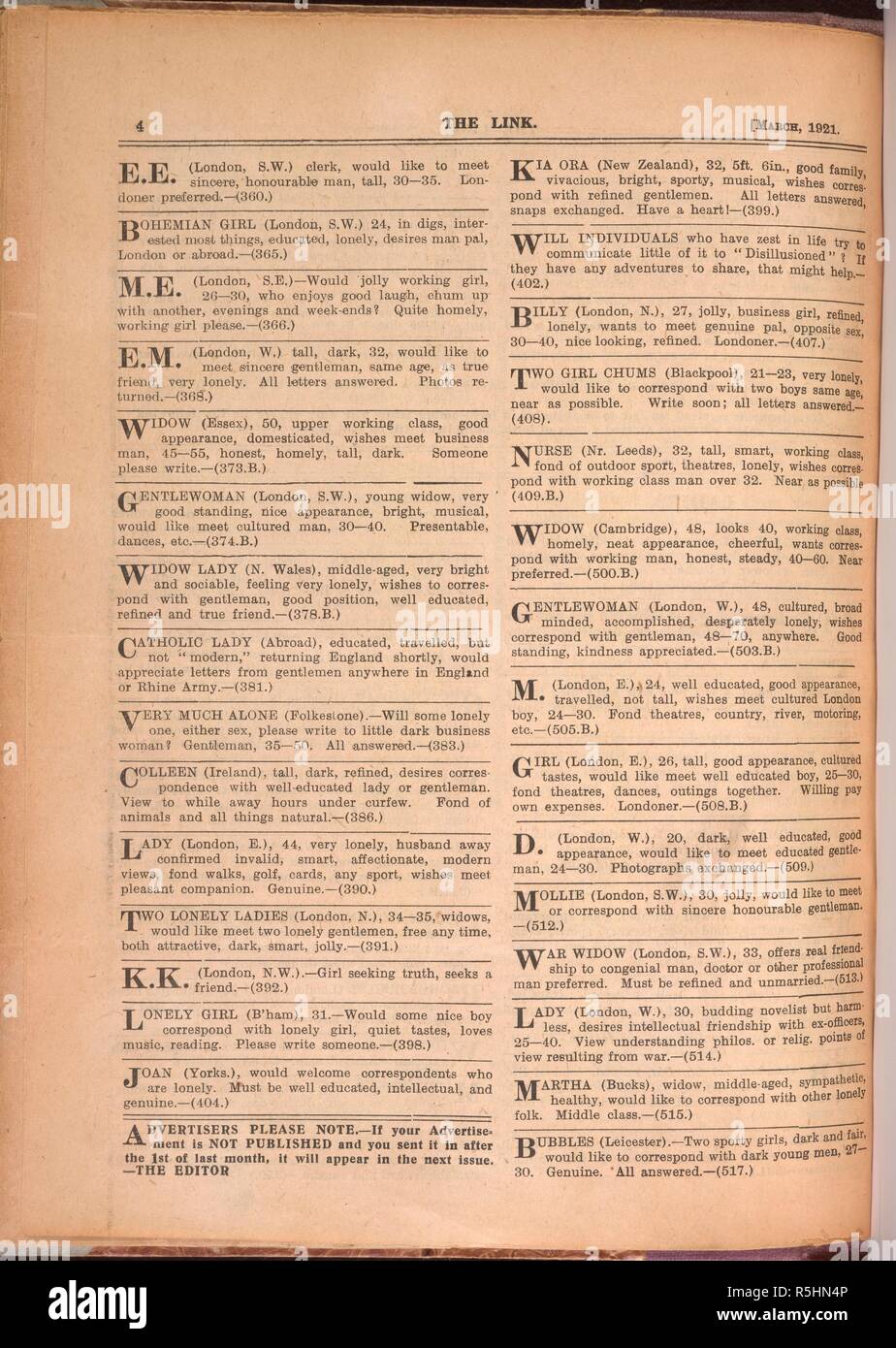 Personal ad columns. The Link. 1921. Source: The Link, page 4, March ...