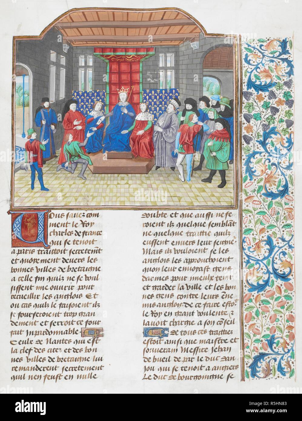 The court of Emperor Charles V. Text and floral border. Chroniques. Netherlands, S. Last quarter of the 15th century, before 1483. Source: Royal 18 E. I f.121. Language: French. Author: FROISSART, JEAN. Stock Photo