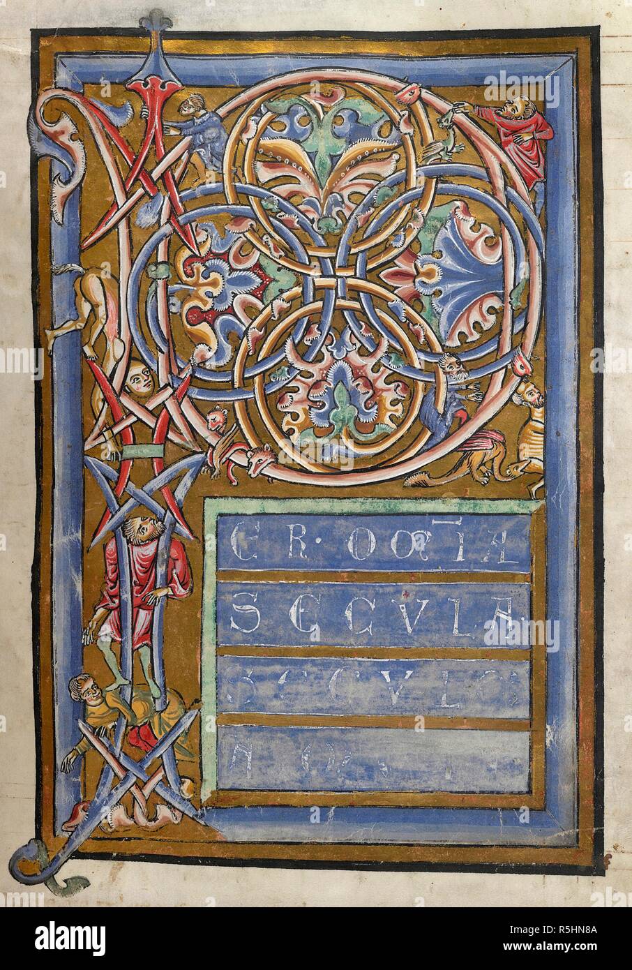 Inhabited illuminated initial 'P'(er) at the beginning of the prefaces to the Mass, with foliage, men, animals, hybrids and animal heads. Gradual, Sequentiary, and Sacramentary. Germany, S. (WÃ¼rzburg diocese, Komburg? or Bamburg?); 2nd quarter of the 13th century (before 1236?). Source: Arundel 156, f.101. Language: Latin. Stock Photo