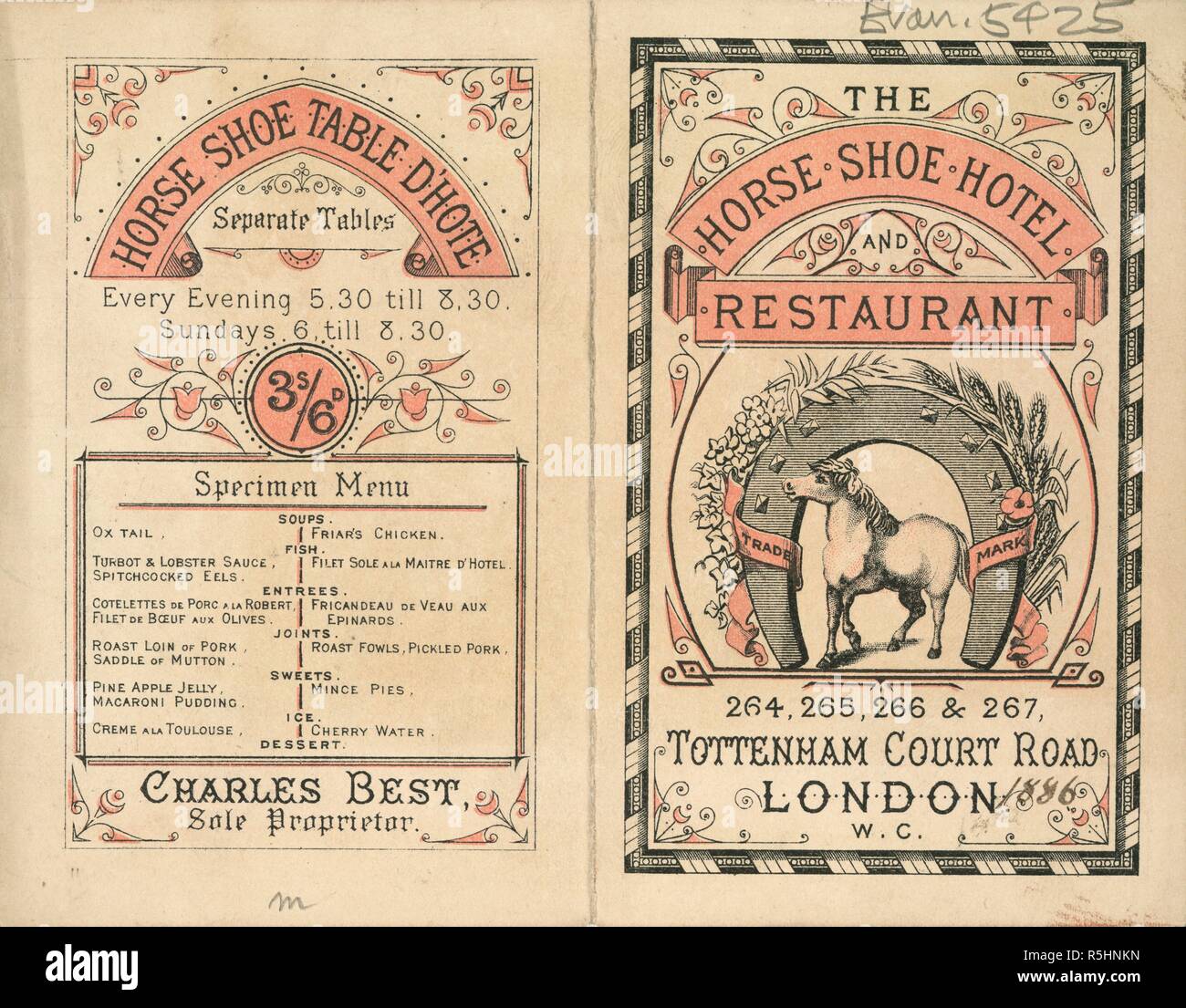 Horse Shoe Hotel and Restaurant, Tottenham Court Road, London, W.C. Contains the Horse Shoe Hotel & Restaurant table of charges, on the inner leaves, and a specimen menu and name of the proprietor, Charles Best, on the final leaf. Advertisement. A collection of pamphlets, handbills, and miscellaneous printed matter relating to Victorian entertainment and everyday life. [London], [1886]. Source: EVAN.5425. Language: English. Author: Evanion, Henry. Stock Photo