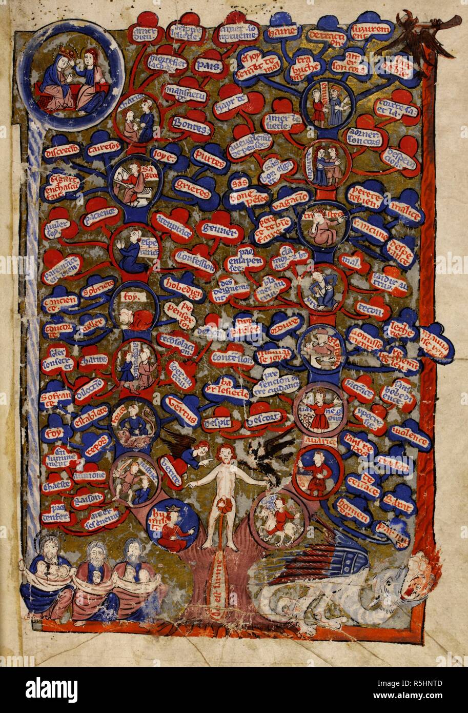Tree of Virtues and Vices. Le livre du TrÃ©sor. Late 13th century. Source: Add. 30024, f.2. Language: French. Author: LATINI, BRUNETTO. Stock Photo