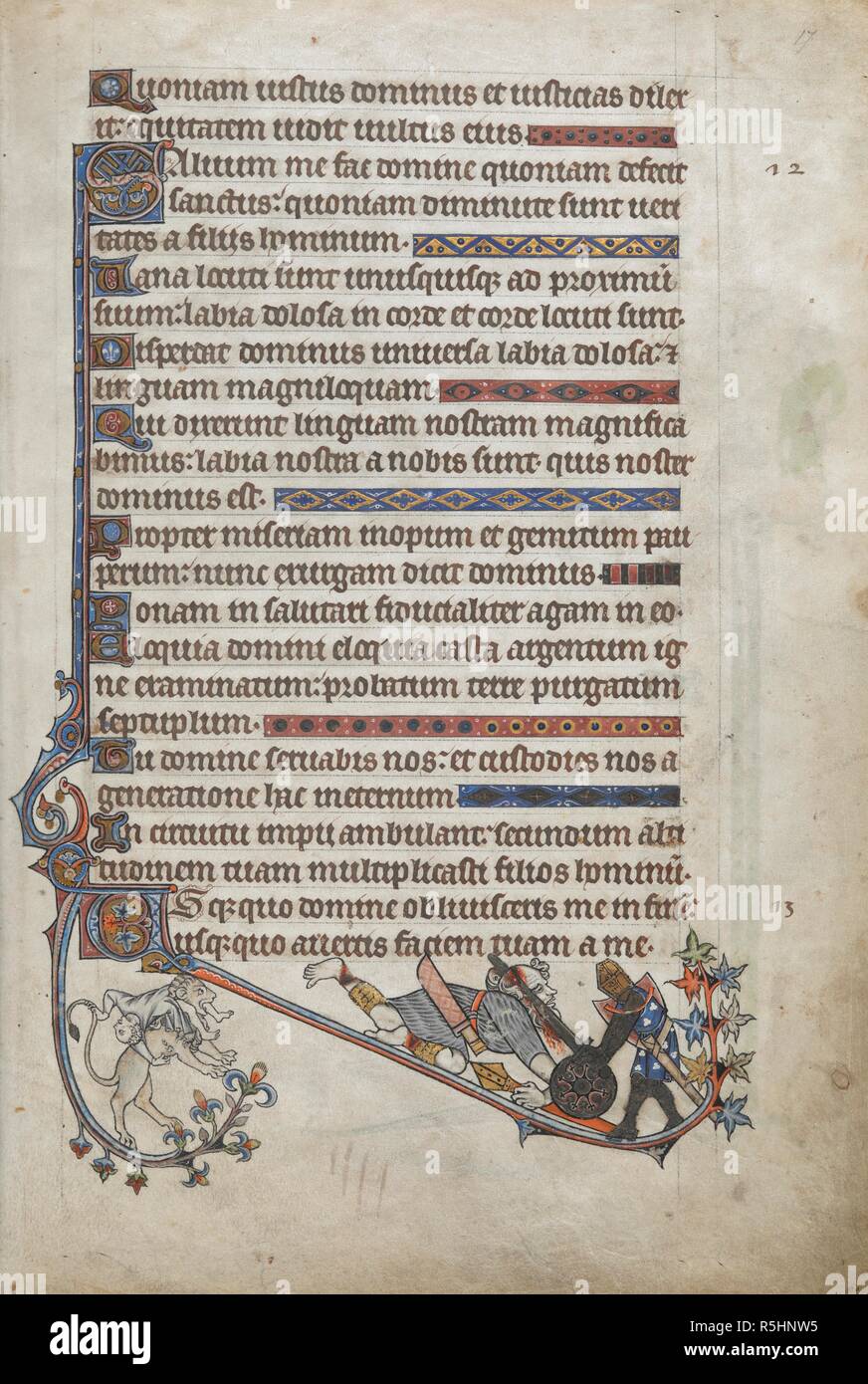 Lower margin: a lion attacking a man; a knight slaying a giant . Psalter. c. 1284-1316. Source: Add. 24686, f.17. Language: Latin. Stock Photo
