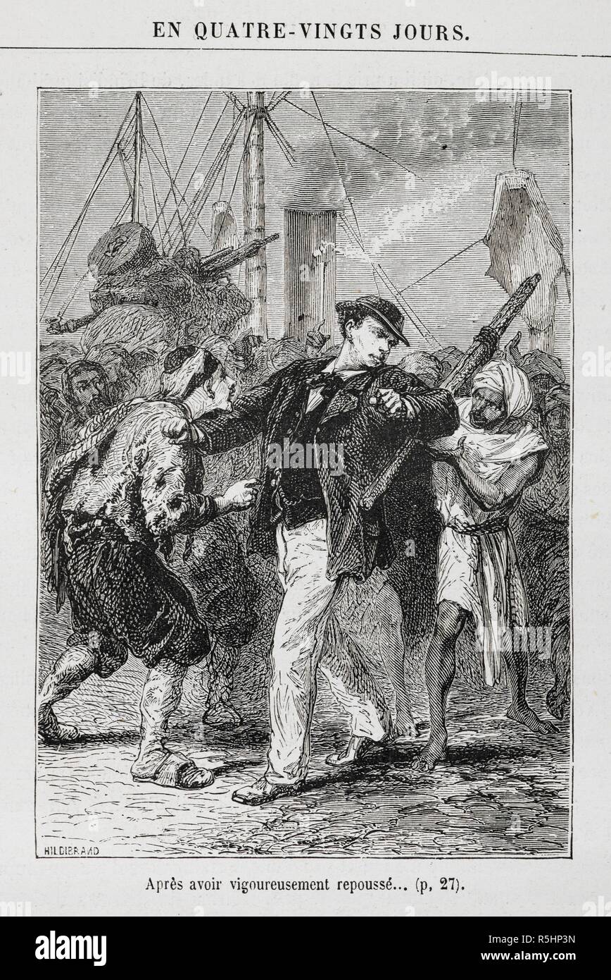 Passepartout being waylaid by two locals. An illustration to the novel  'Around the World in Eighty Days'. [Le Tour du Monde en quatre-vingts jours. [A novel.] (HuitieÌ€me eÌdition.)] [Around the World in 80 Days]. Paris, [1873]. Source: 12514.l.18 page 25. Language: French. Author: VERNE, JULES. De Neuville, M. M. Stock Photo