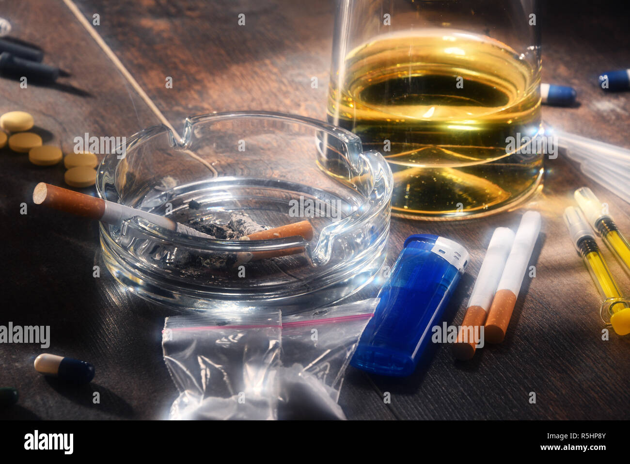 Addictive substances, including alcohol, cigarettes and drugs Stock