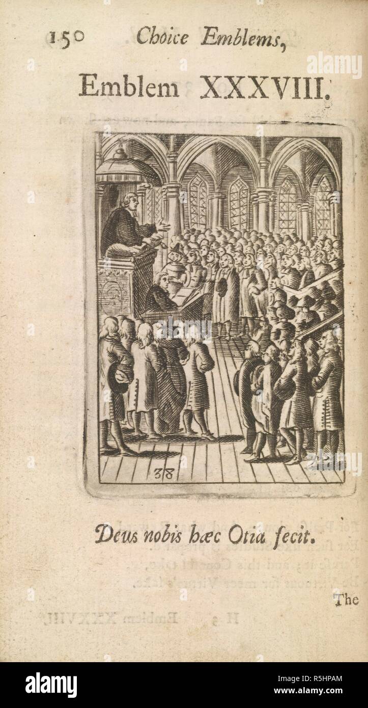 A priest, in a pulpit, addressing a large congregation. Choice emblems, divine and moral, antient and modeern: or, Delights for the ingenious The sixth edition. [The epistle to the reader signed: R.B., i.e. Nathaniel Crouch.]. London: Edmund Parker, 1732. Source: 1607/3407, 150. Language: English. Stock Photo