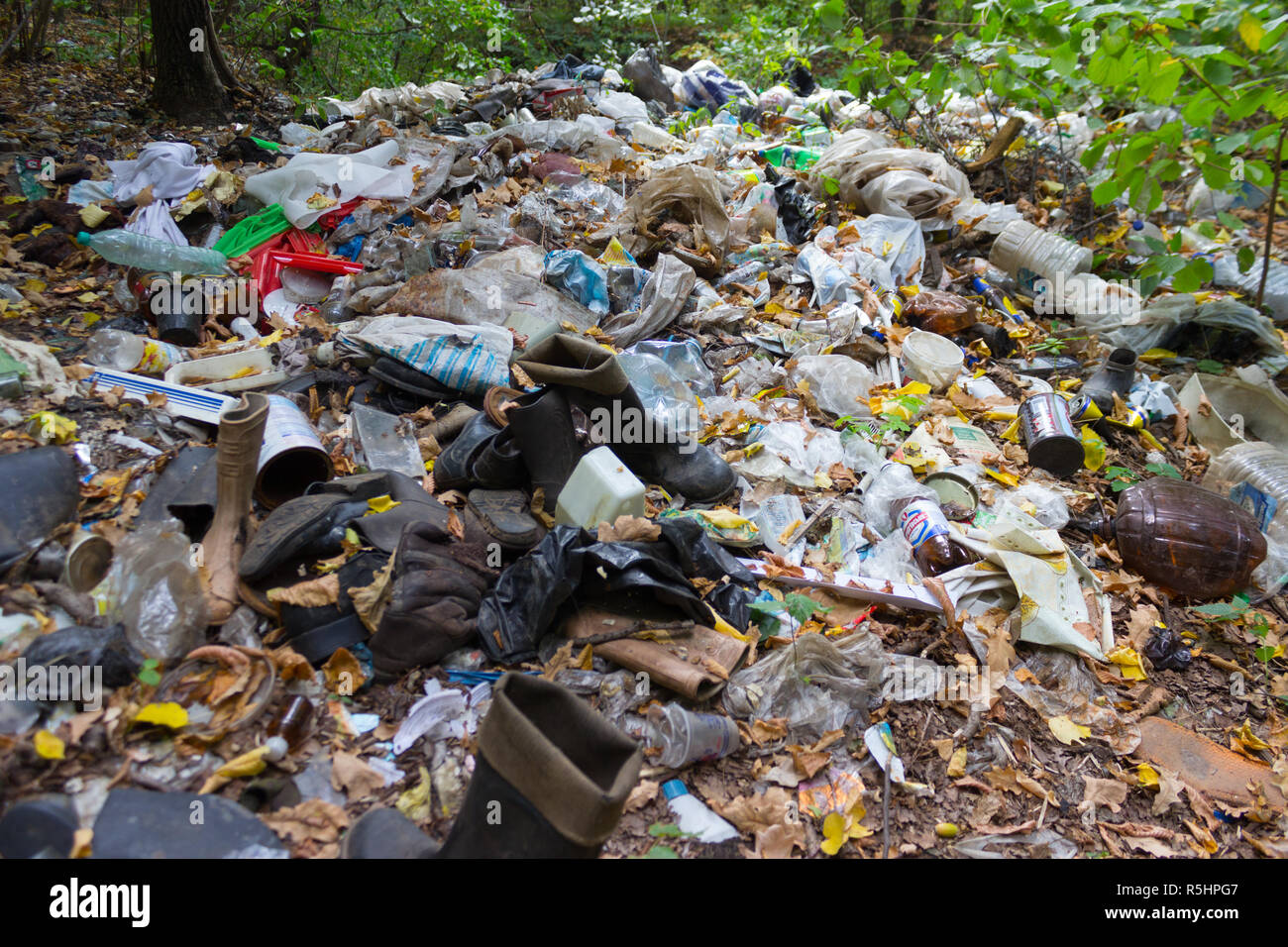 garbage in the forest. big dump in green forest Stock Photo - Alamy