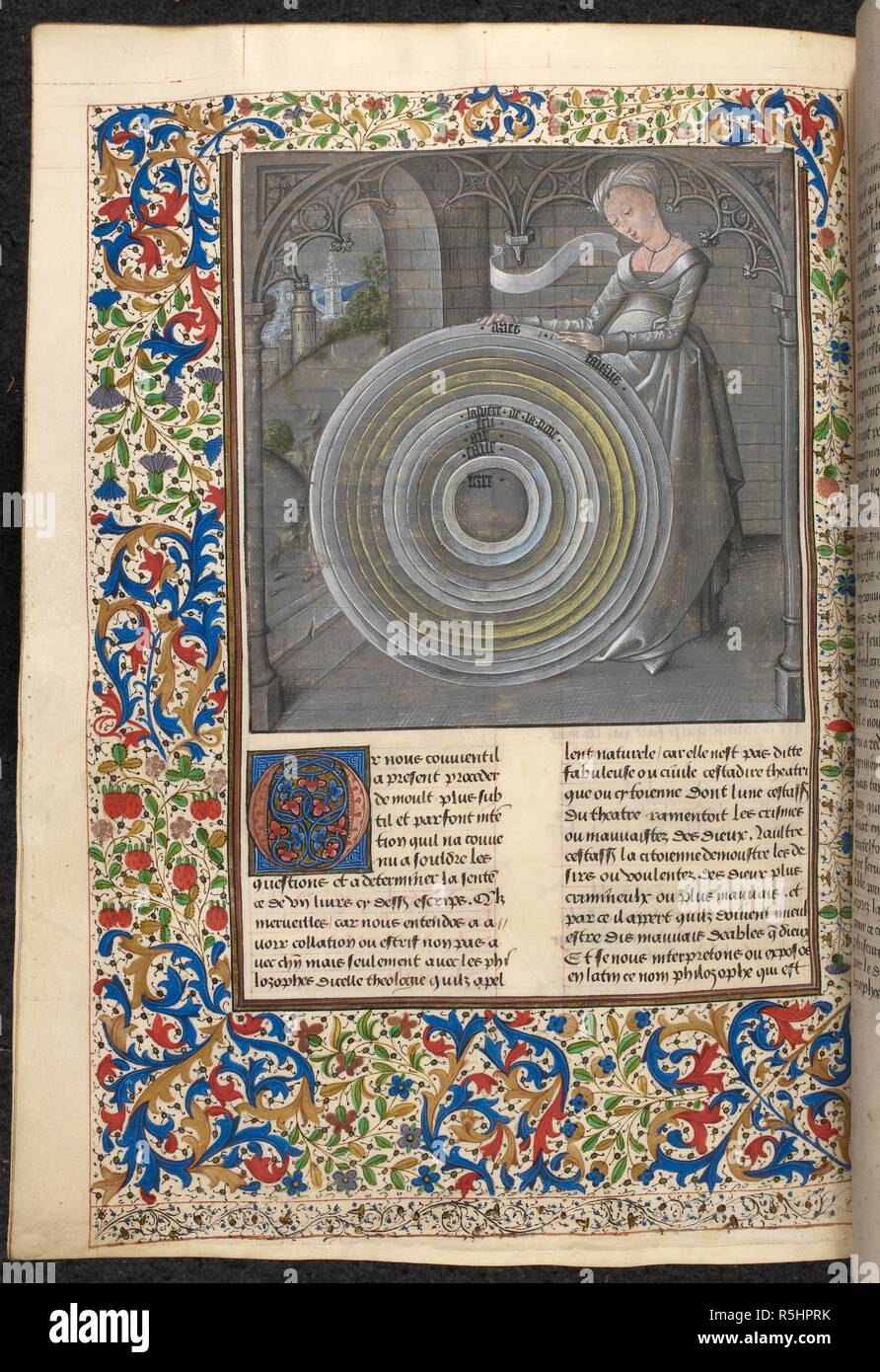 Philosophy holding the spheres. S. AUGUSTINE, De civitate Dei, in French: the translation and commentary made by Raoul de Presles for Charles V of France. Late 15th century. Source: Royal 14 D. I f.337v. Language: French. Author: de Presles, Raoul (Translator). Stock Photo