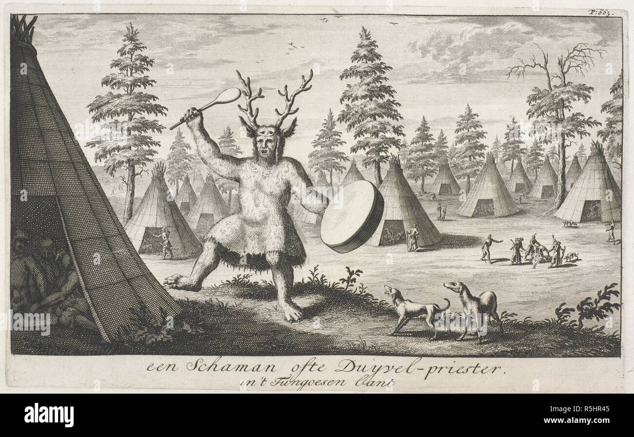 The earliest known depiction of a Siberian shaman, produced by the Dutch explorer Nicolaes Witsen, who authored an account of his travels among Samoyedic and Tungusi speaking peoples in 1692. Witsen labelled the illustration as a 'Priest of the Devil' and gave this figure clawed feat to highlight his demonic qualities. Noord en Oost Tartarye, ofte bondig ontwerp van eenige dier landen en volken, welke voormaels bekent zijn geweest ... Tweede druk. Amsterdam, 1705. Nicolaas Witsen, 1641-1717. Source: G.7025. Stock Photo