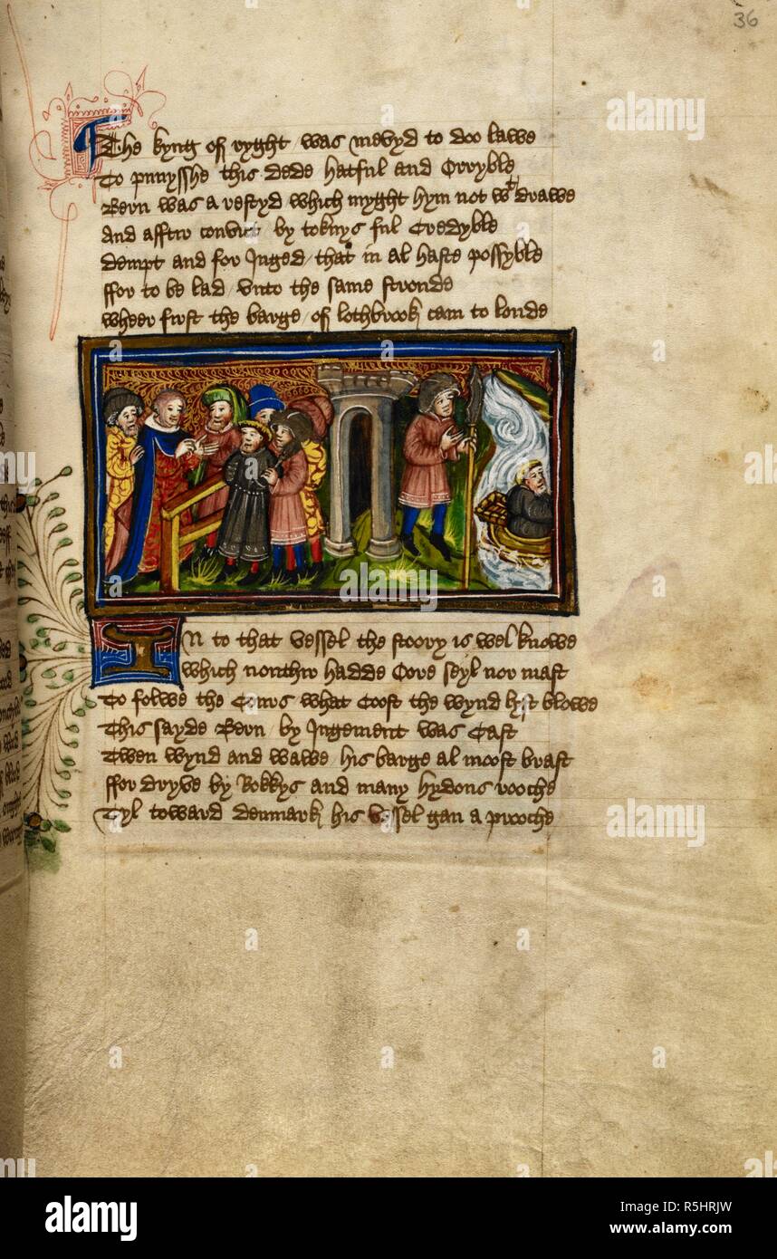 Miniature of the trial of Bern before a judge, to the left, and Bern setting out in a boat on a river, to the right, from John Lydgate's Lives of Saints Edmund and Fremund. Lives of Saints Edmund and Fremund. England, S. E. (Bury St Edmunds?); between 1461 and c. 1475. Source: Yates Thompson 47, f.36. Language: English. Stock Photo