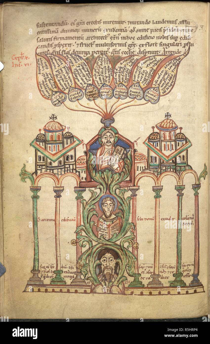 The House of Wisdom: an abbreviated genealogy of Christ, showing Jesse, the Virgin Mary and Christ in foliate mandorlas, set in an architectural structure. The seven gifts of the Holy Spirit are inscribed on leaves emanating form Christ's halo. Speculum Virginum. Germany (Hirsau or Freising); 1140-1145. Source: Arundel 44, f.114v. Language: Latin. Author: Conrad of Hirsau, also known as 'Peregrinus'. Stock Photo