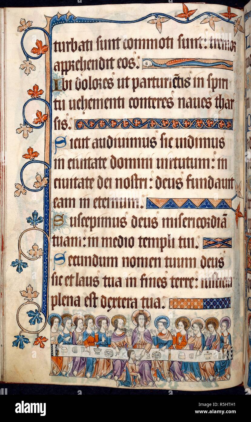 The Last Supper. Luttrell Psalter. England [East Anglia]; circa 1325-1335. [Whole folio] Psalm 47. Border decoration and line fillers. Lower margin; Christ sits at the centre of a long table, with disciples either side, and gives the sop to Judas who kneels on the near side of the table  Image taken from Luttrell Psalter.  Originally published/produced in England [East Anglia]; circa 1325-1335. . Source: Add. 42130, f.90v. Language: Latin. Stock Photo