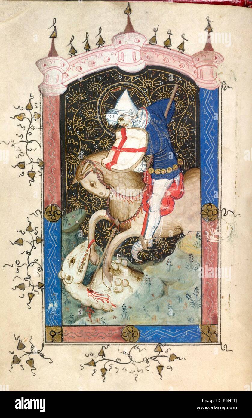 St George and the dragon. Book of Hours. S. Netherlands [Bruges]; circa 1390-1400. [Whole folio] Prayers to the Saints. St George, mounted on a horse, kills the dragon  Image taken from Book of Hours.  Originally published/produced in S. Netherlands [Bruges]; circa 1390-1400. . Source: Sloane 2683, f.14v. Language: Latin. Author: Pink Canopies Group. Stock Photo