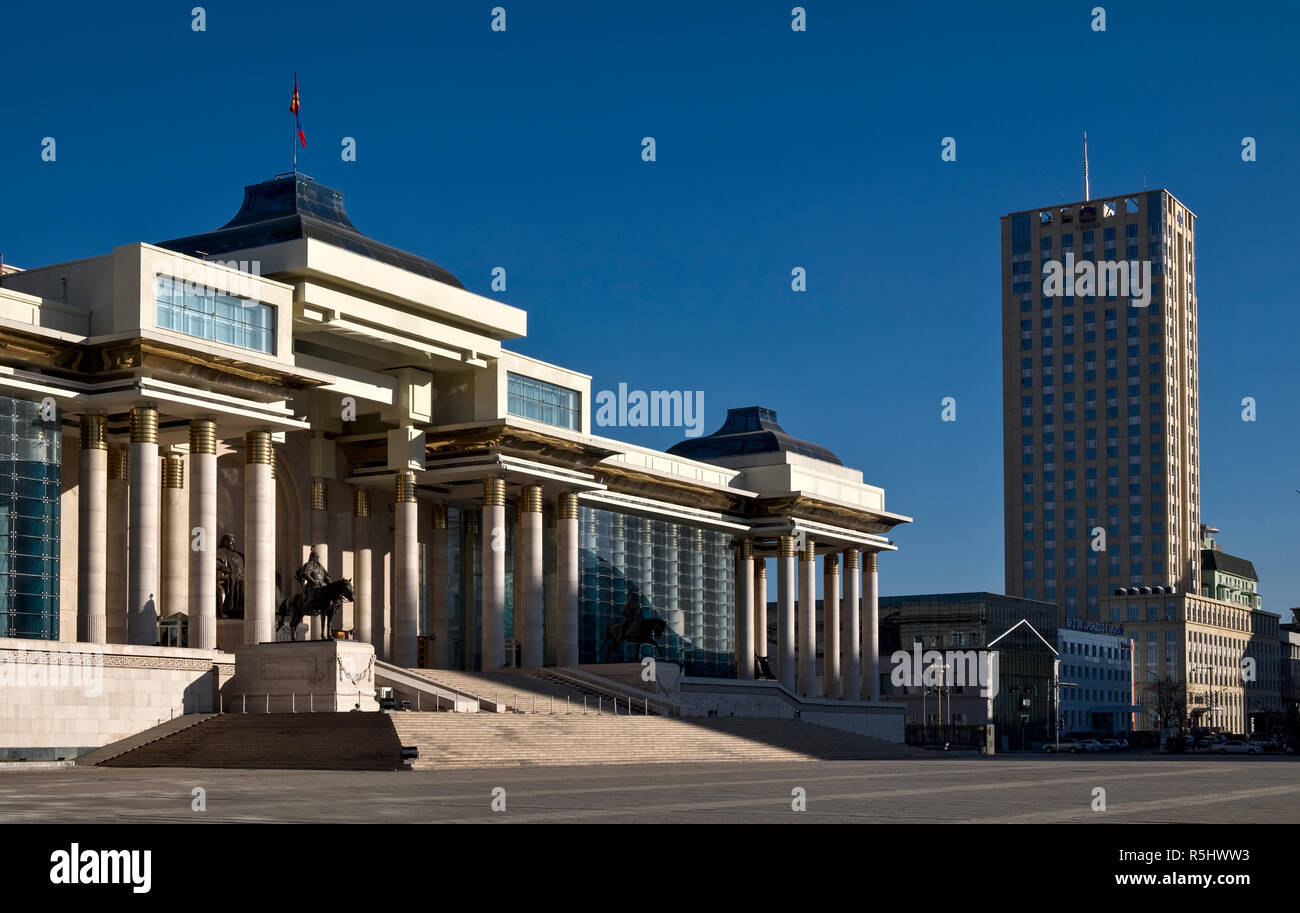 Ulaanbaatar / Mongolia - November 10 2018: Government Palace and Premier hotel Stock Photo