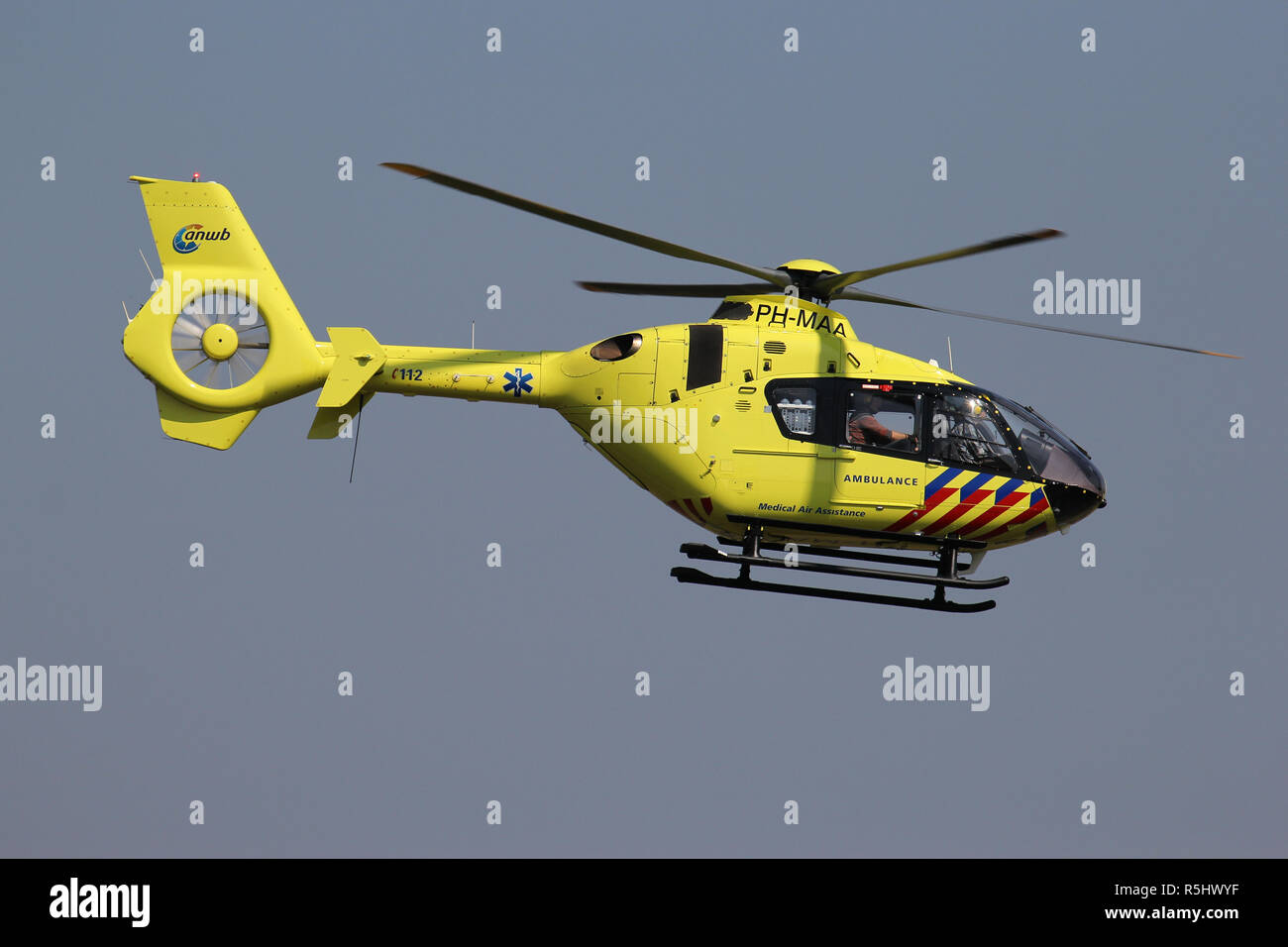 ANWB Medical Air Assistance Eurocopter EC-135T2+ with registration PH-MAA departing after maintenance at Bonn Hangelar Airport. Stock Photo