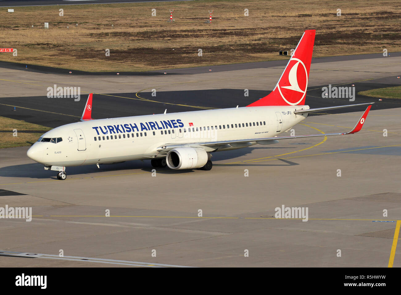 Turkish Airlines Boeing 737-800 with registration TC-JFU taxiing to terminal. Stock Photo