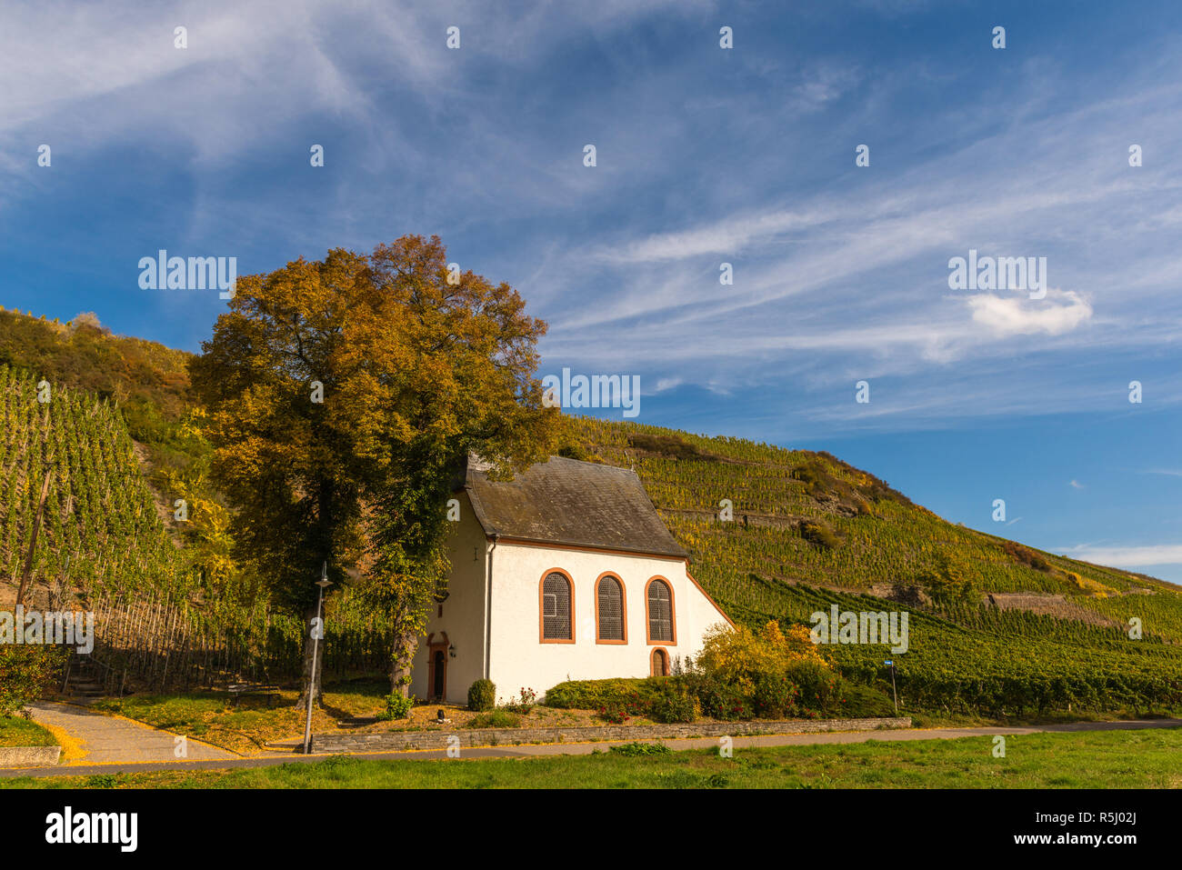 Chapel at the foot of vineyards in the village of Mehring on the Moselle River and valley. Rhineland-Palantine, Germany, Europe Stock Photo