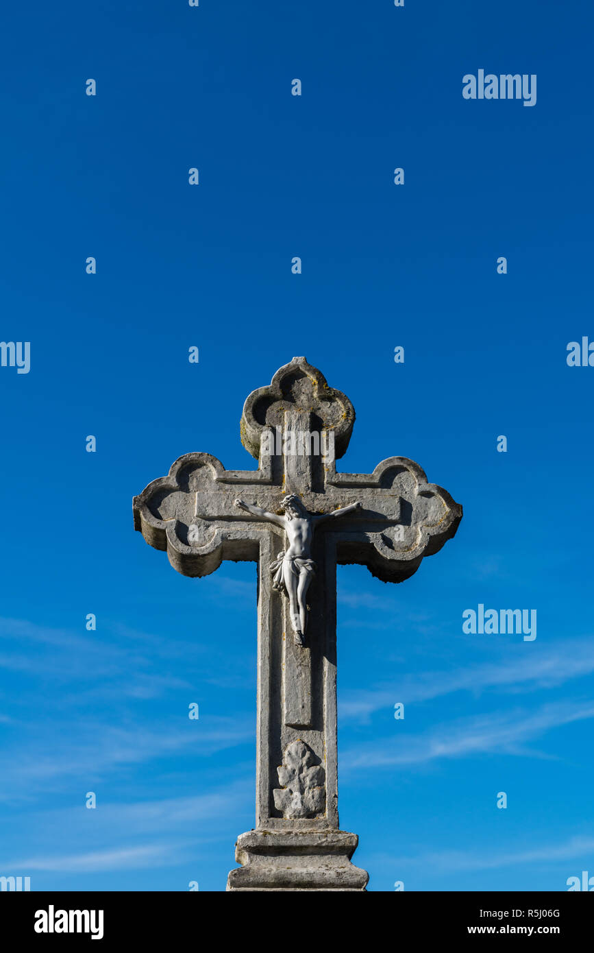 A wayside cross in the landscape near the little town of Konz, Rhineland-Palantine, Germany Stock Photo