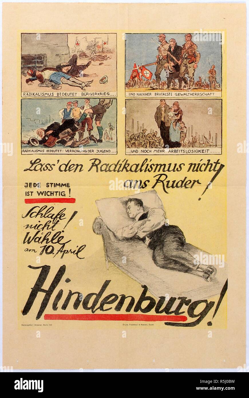 Do not sleep! Vote for Hindenburg on April 10th! Elections poster. Museum: PRIVATE COLLECTION. Author: ANONYMOUS. Stock Photo