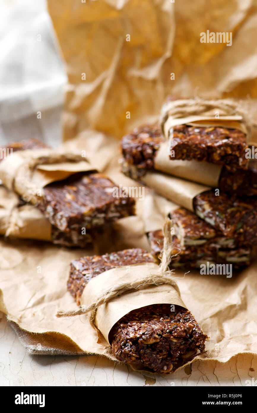 No-Cook Choco Oat Bars.style rustic. selective focus. Stock Photo
