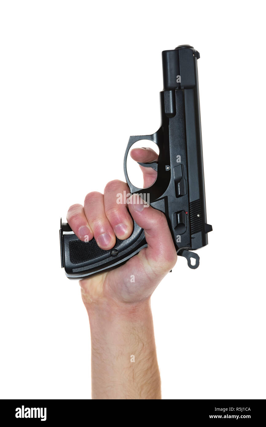 Man's hand holding gun isolated on white background Stock Photo Alamy