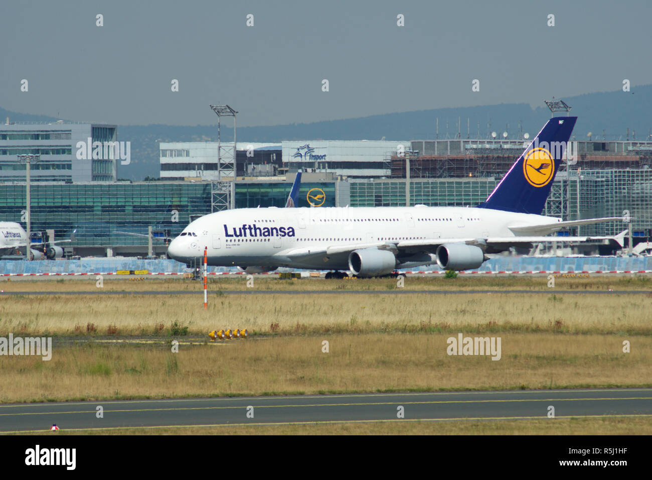 FRANKFURT, GERMANY - JUN 09th, 2017: Lufthansa Airbus A380 MSN 66 - D-AIMF aircraft taxiing on the airport. A380 is the flagship of Lufthansa airplane fleet Stock Photo