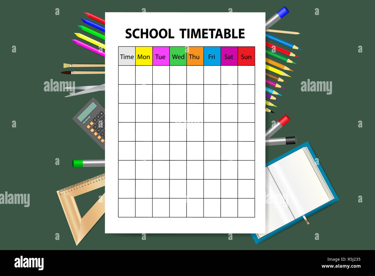 School timetable on the green background with school equipment Stock ...